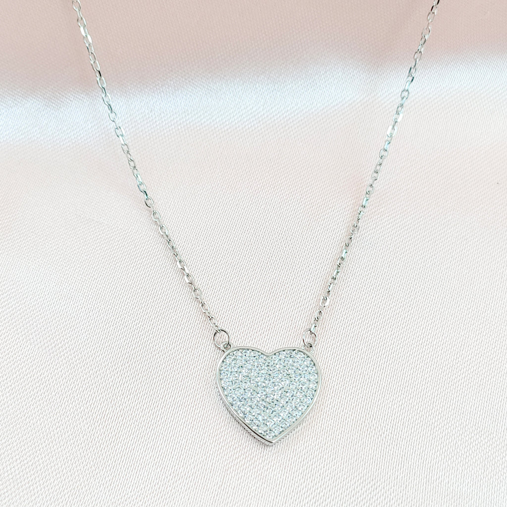 Valentines Day Gift 925 Sterling Silver Heart Pendant Unisex Cubic Zirconia Necklace set