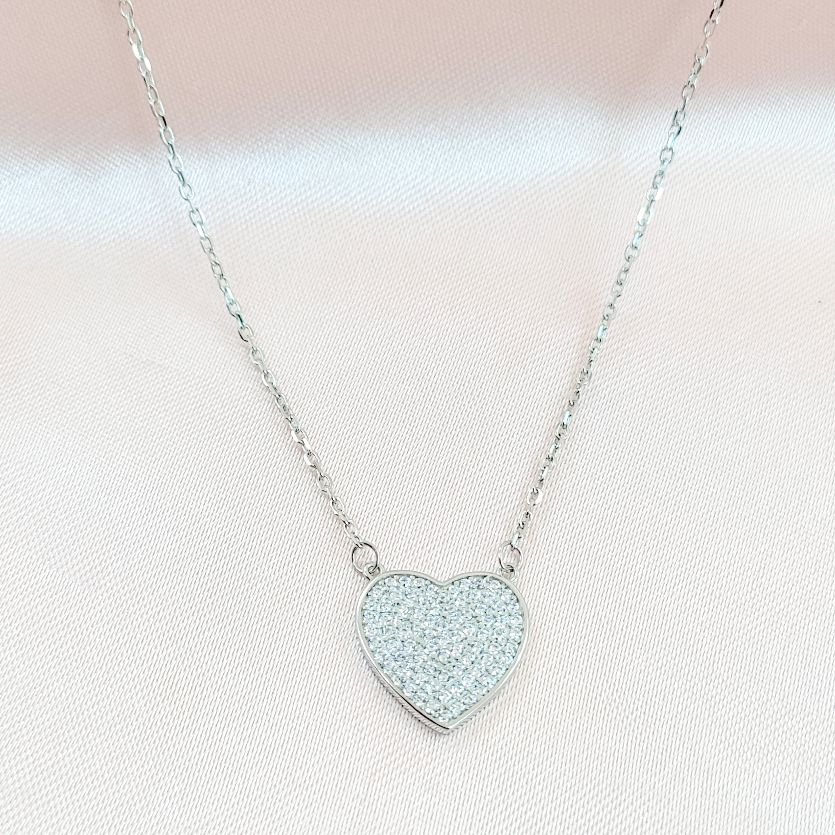 Valentines Day Gift 925 Sterling Silver Heart Pendant Unisex Cubic Zirconia Necklace set