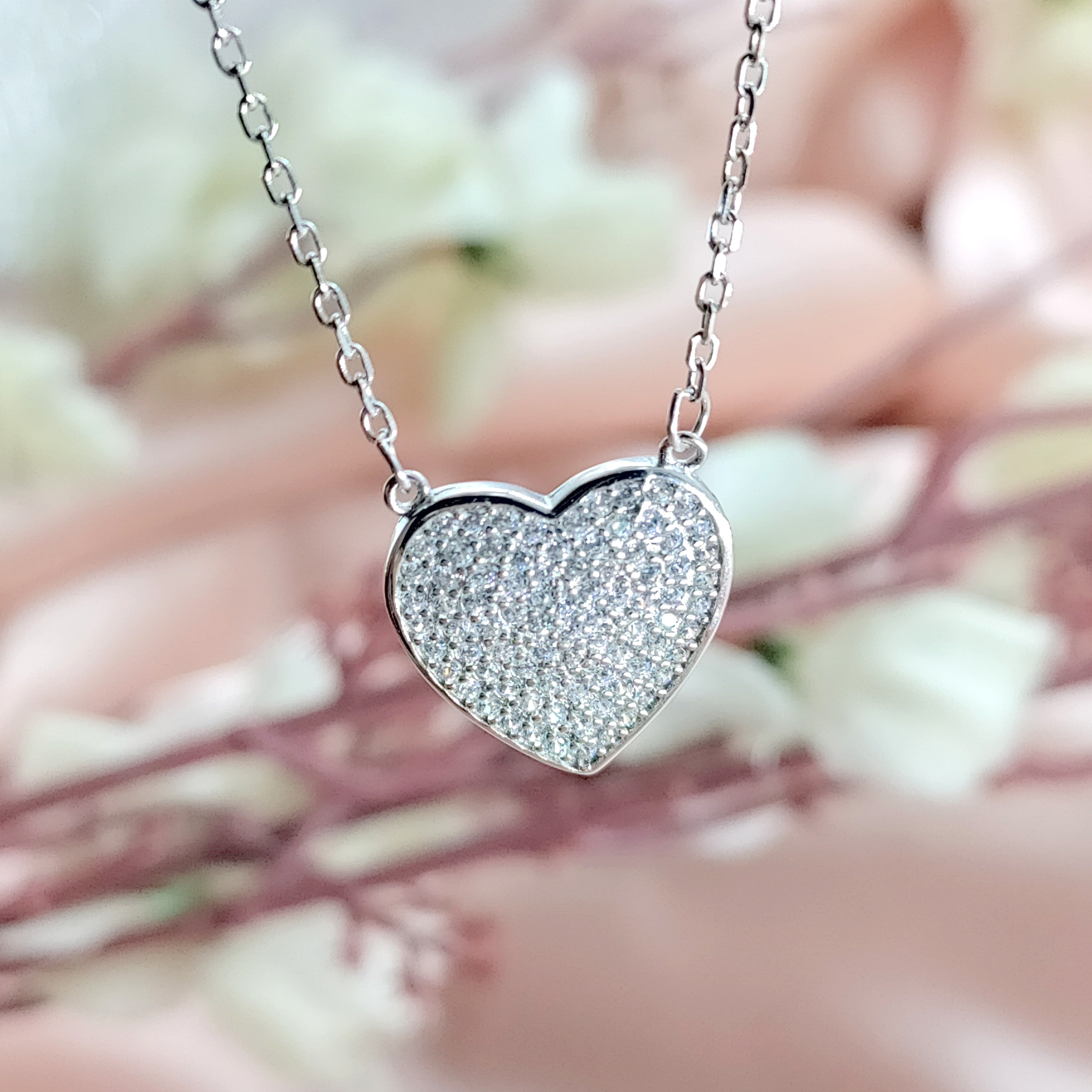 Valentines Day Gift 925 Sterling Silver Heart Pendant Unisex Cubic Zirconia Necklace set