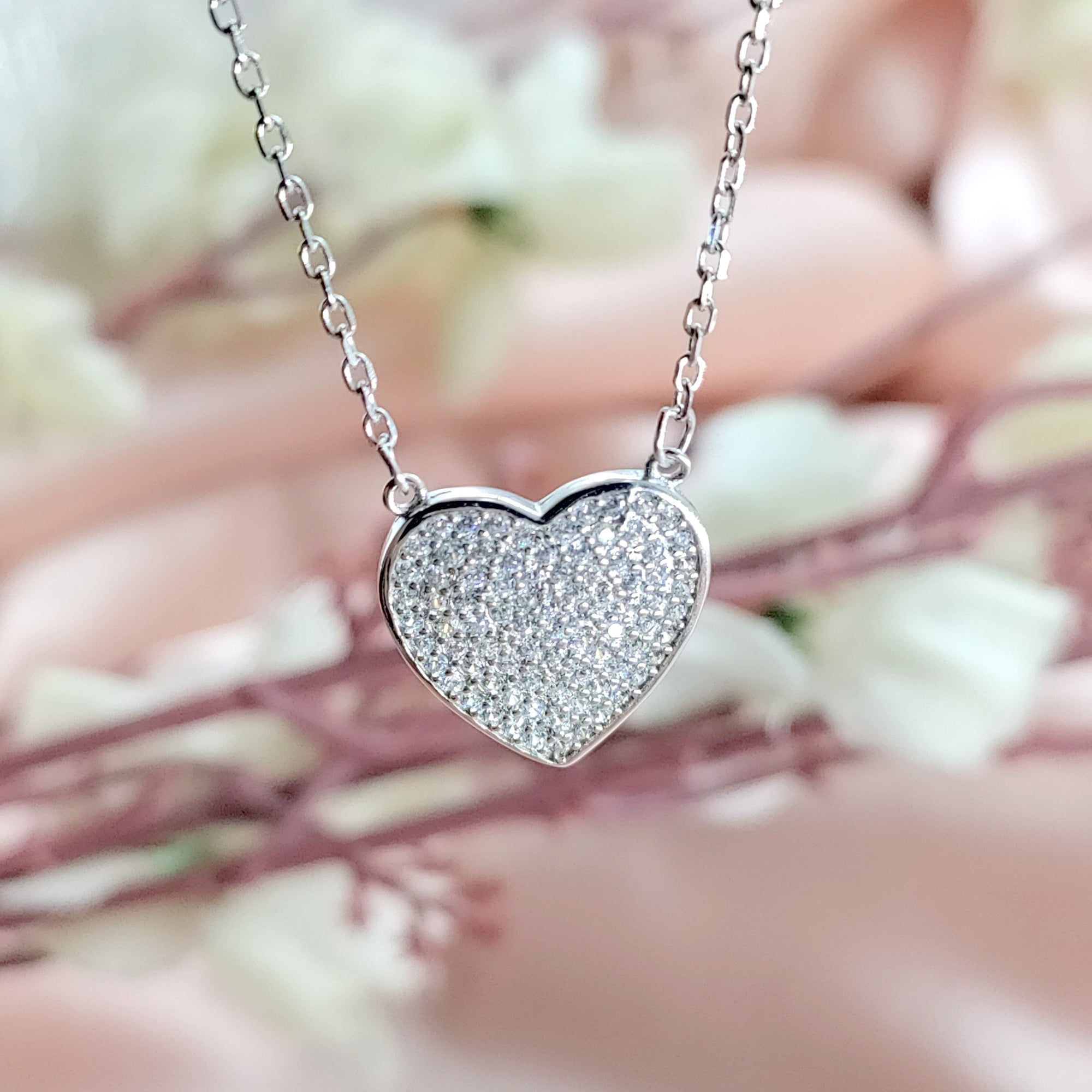Valentines Day Gift 925 Sterling Silver Heart Pendant Unisex Cubic Zirconia Necklace set