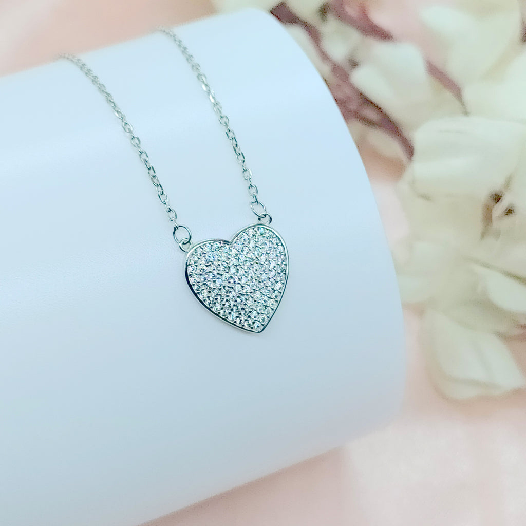 Valentines Day Gift 925 Sterling Silver Heart Pendant Unisex Cubic Zirconia Necklace set