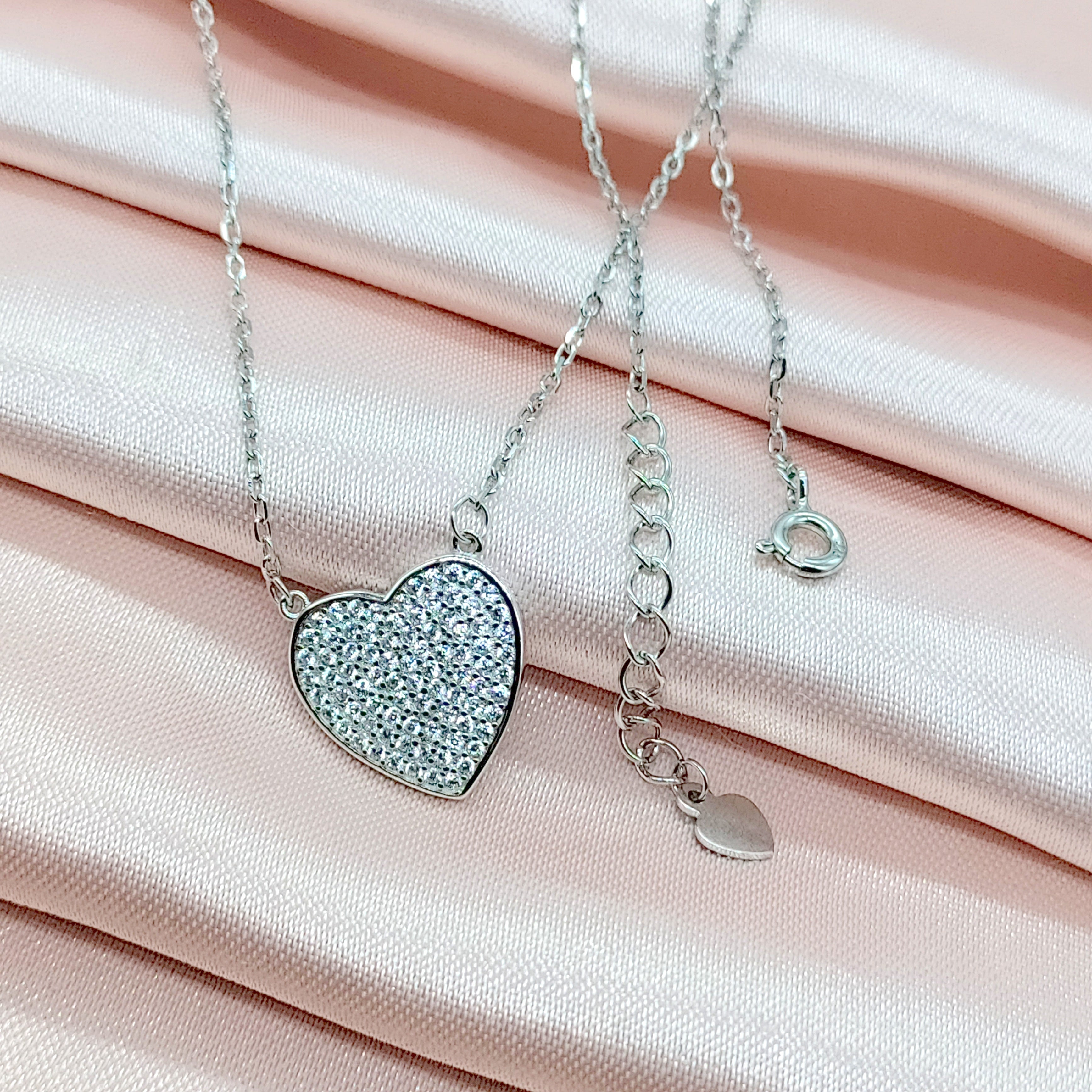 Valentines Day Gift 925 Sterling Silver Heart Pendant Unisex Cubic Zirconia Necklace set