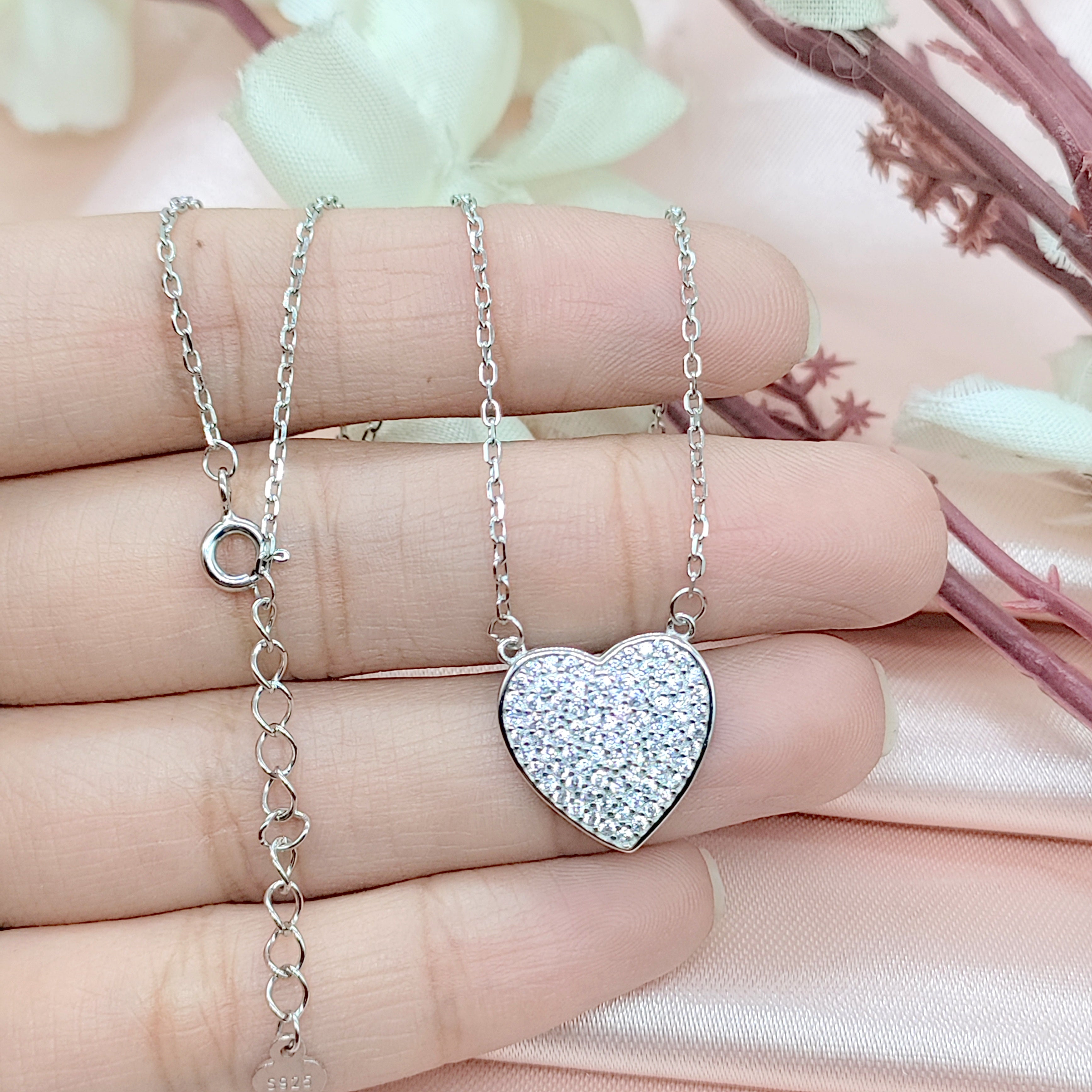 Valentines Day Gift 925 Sterling Silver Heart Pendant Unisex Cubic Zirconia Necklace set