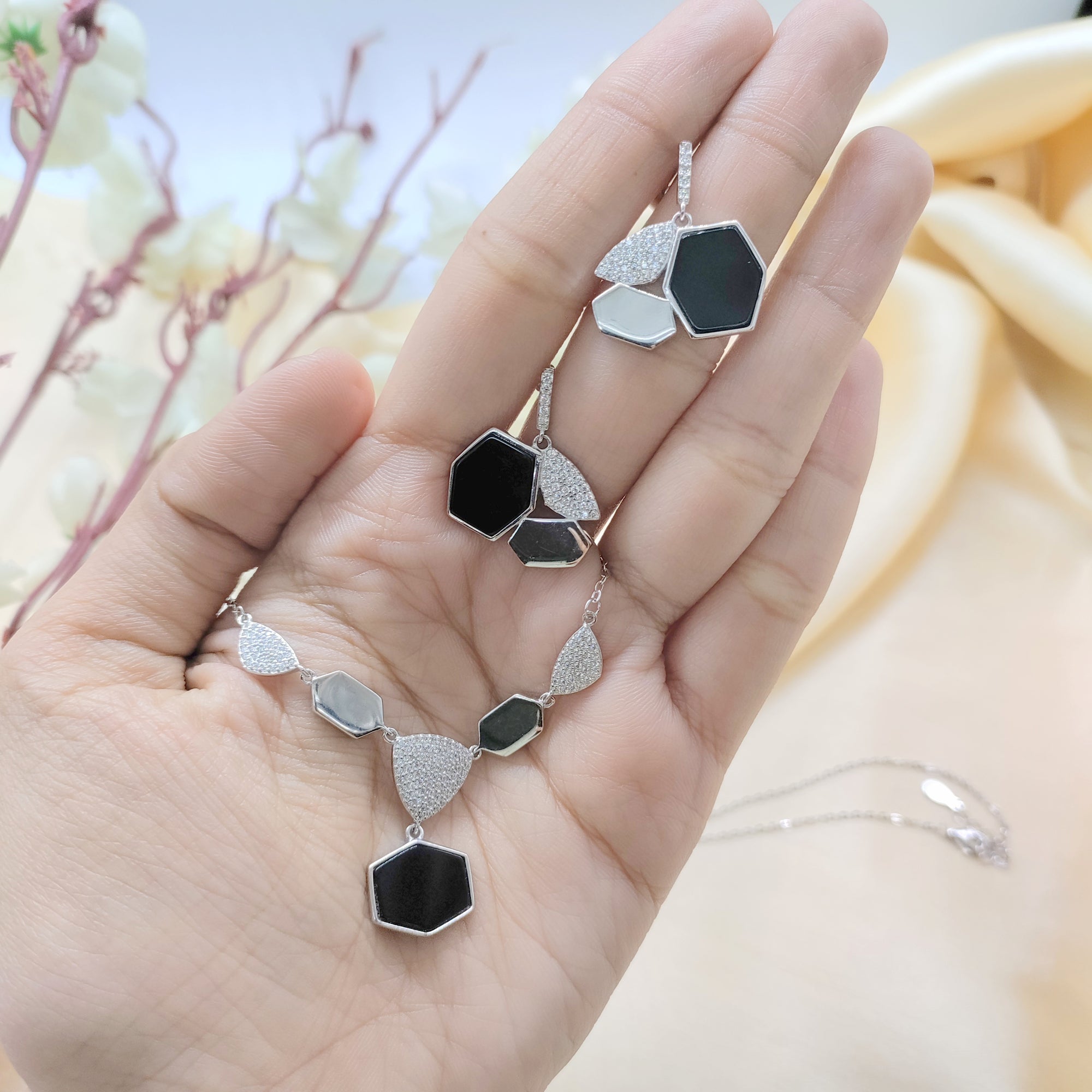 Beautifull Sparkling White CZ Black Necklace Earrings Set for Wedding,Engagment,Anniversay in 925 Sterling Silver Minimalist Handmade Gift