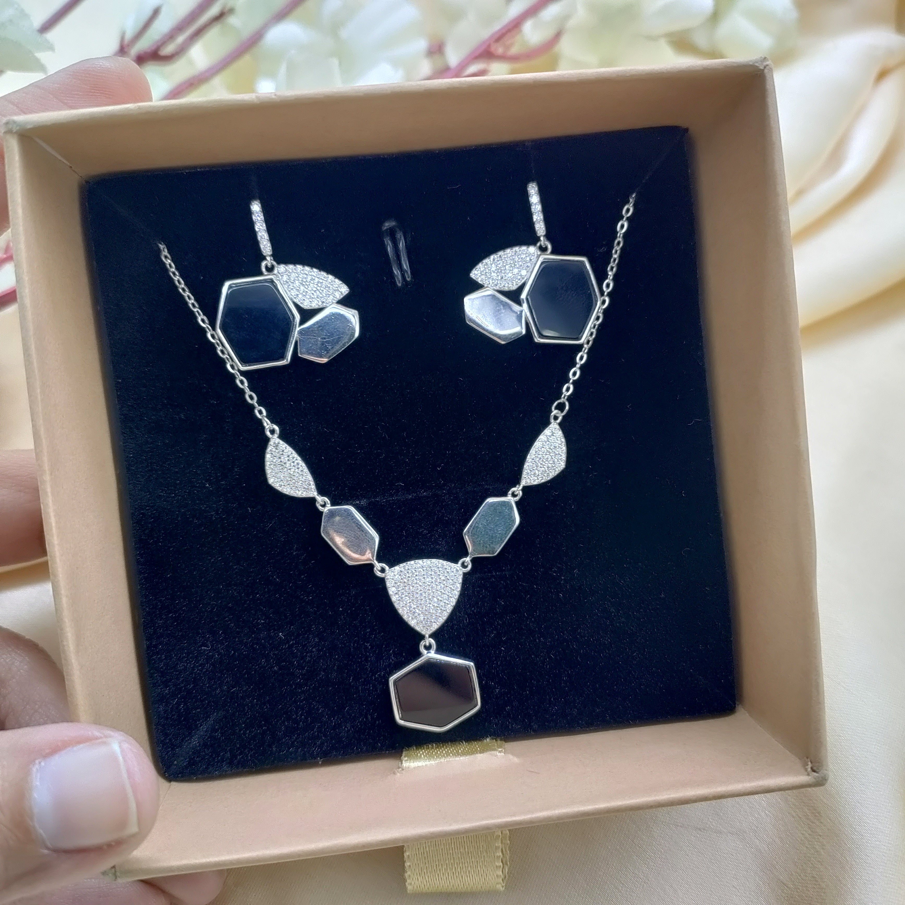 Beautifull Sparkling White CZ Black Necklace Earrings Set for Wedding,Engagment,Anniversay in 925 Sterling Silver Minimalist Handmade Gift