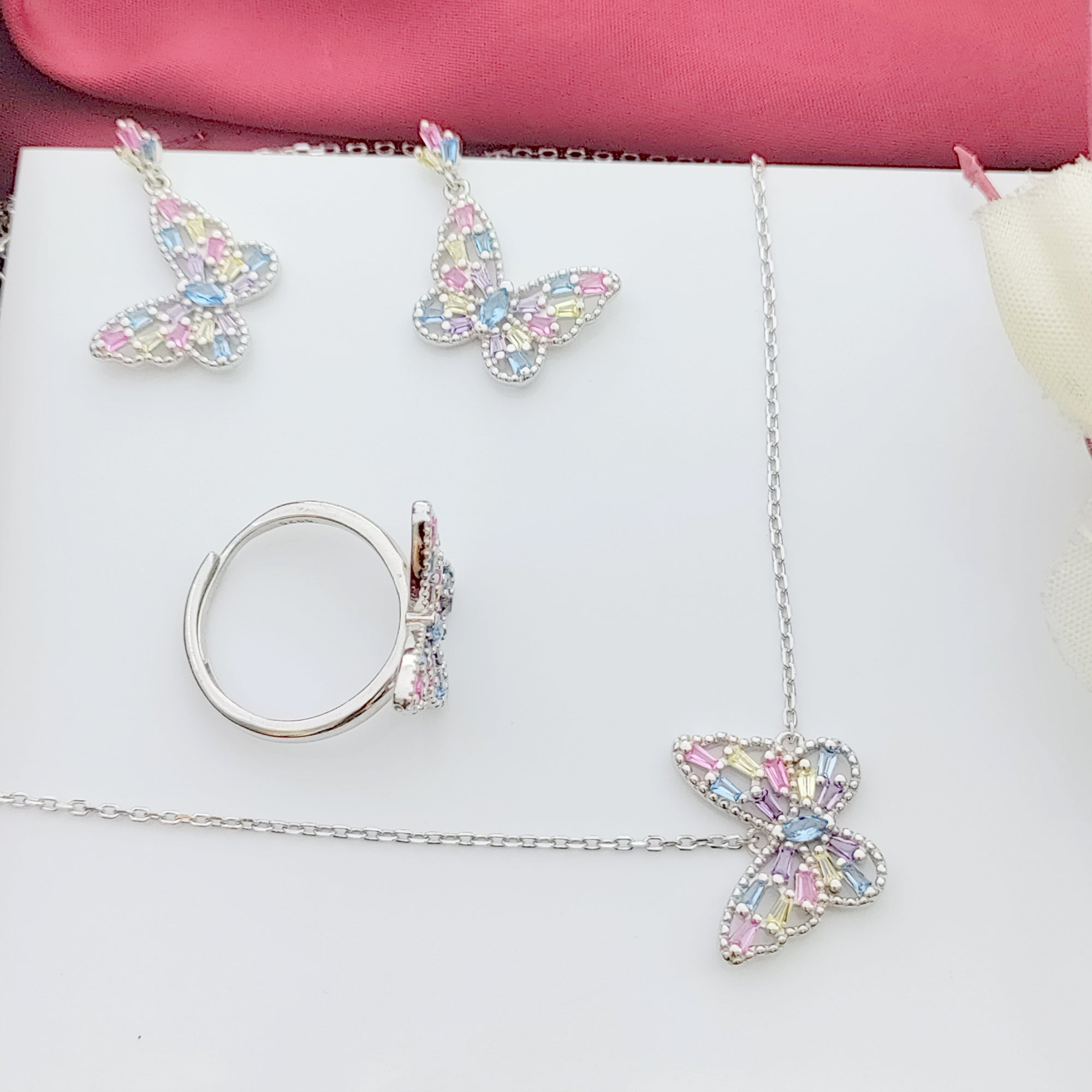 Beautifull Colorfull CZ Butterly Necklace,Earrings,Adjustable Ring Set for Wedding,Engagment in 925 Sterling Silver Minimalist Handmade Gift for her