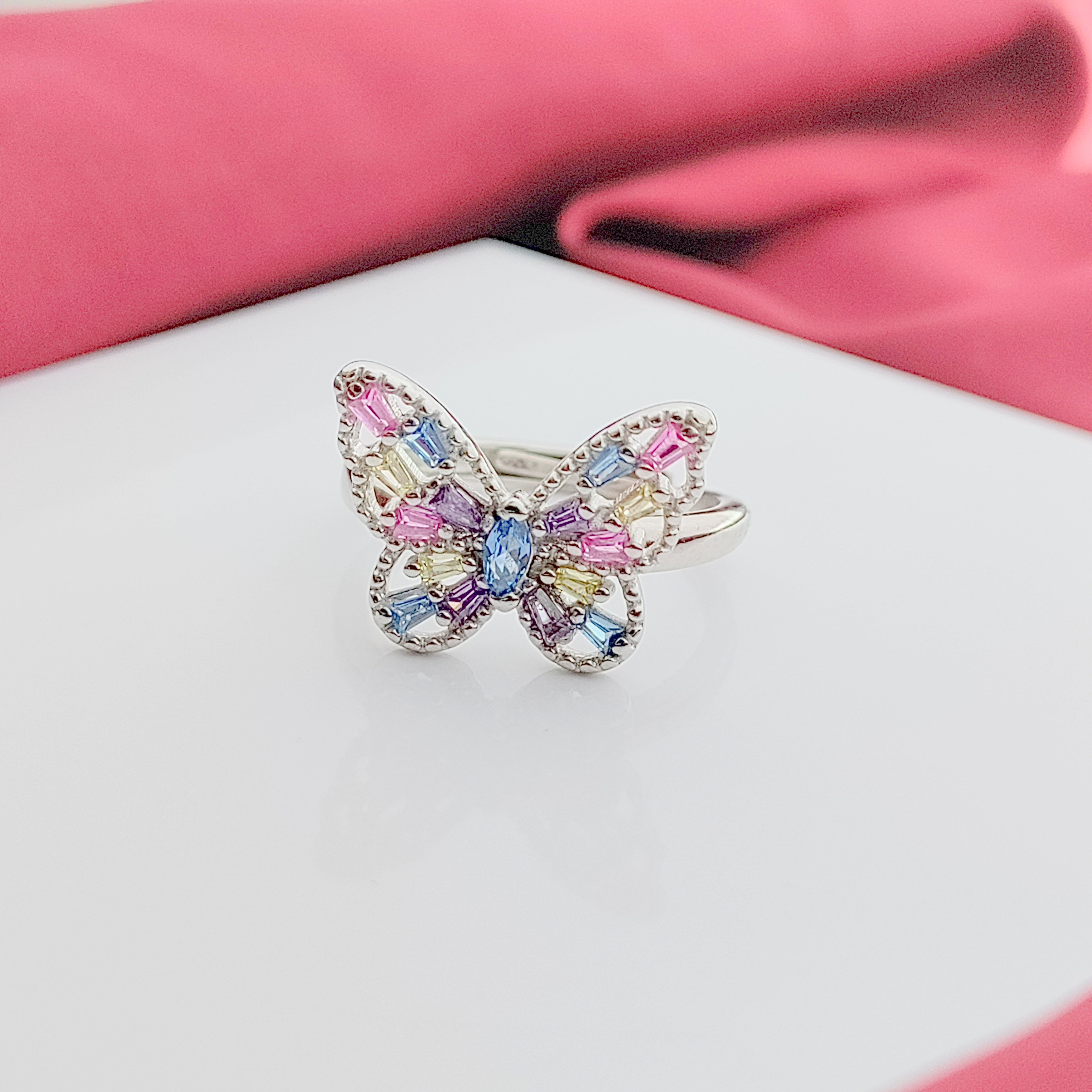 Beautifull Colorfull CZ Butterly Necklace,Earrings,Adjustable Ring Set for Wedding,Engagment in 925 Sterling Silver Minimalist Handmade Gift for her