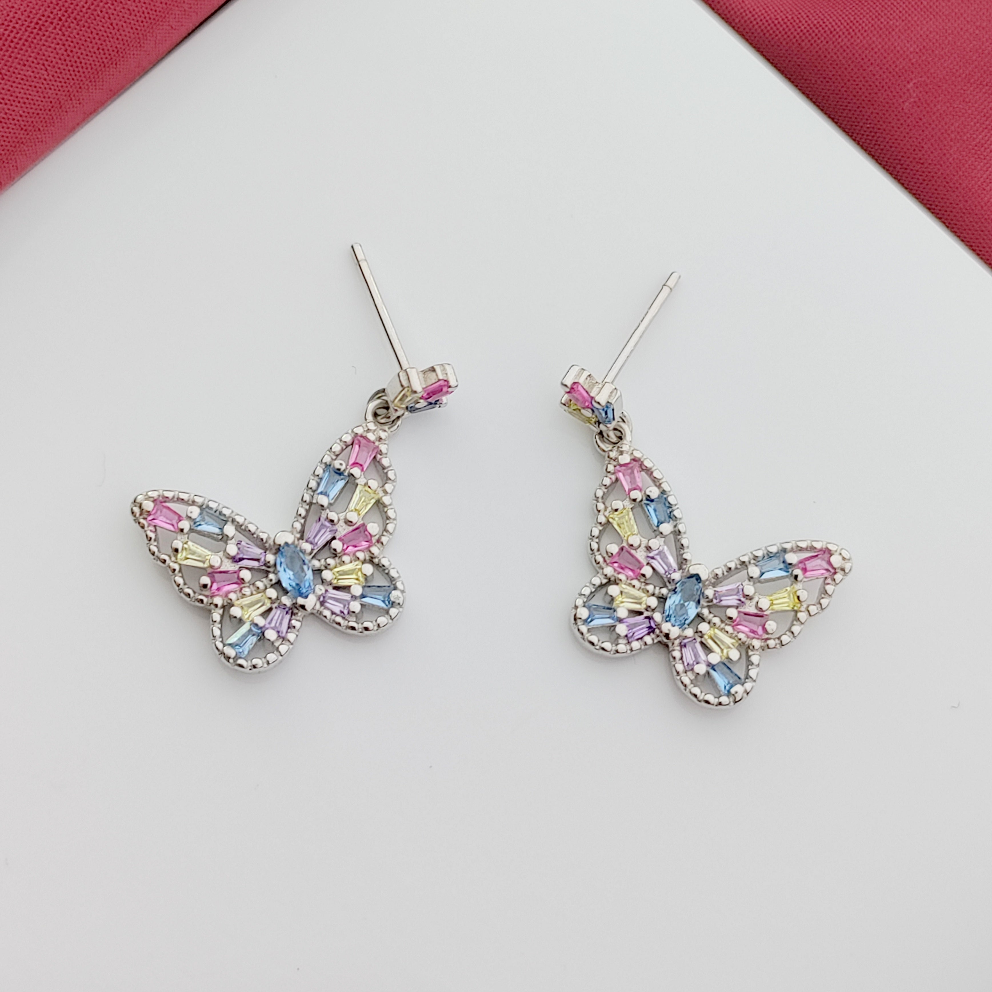 Beautifull Colorfull CZ Butterly Necklace,Earrings,Adjustable Ring Set for Wedding,Engagment in 925 Sterling Silver Minimalist Handmade Gift for her