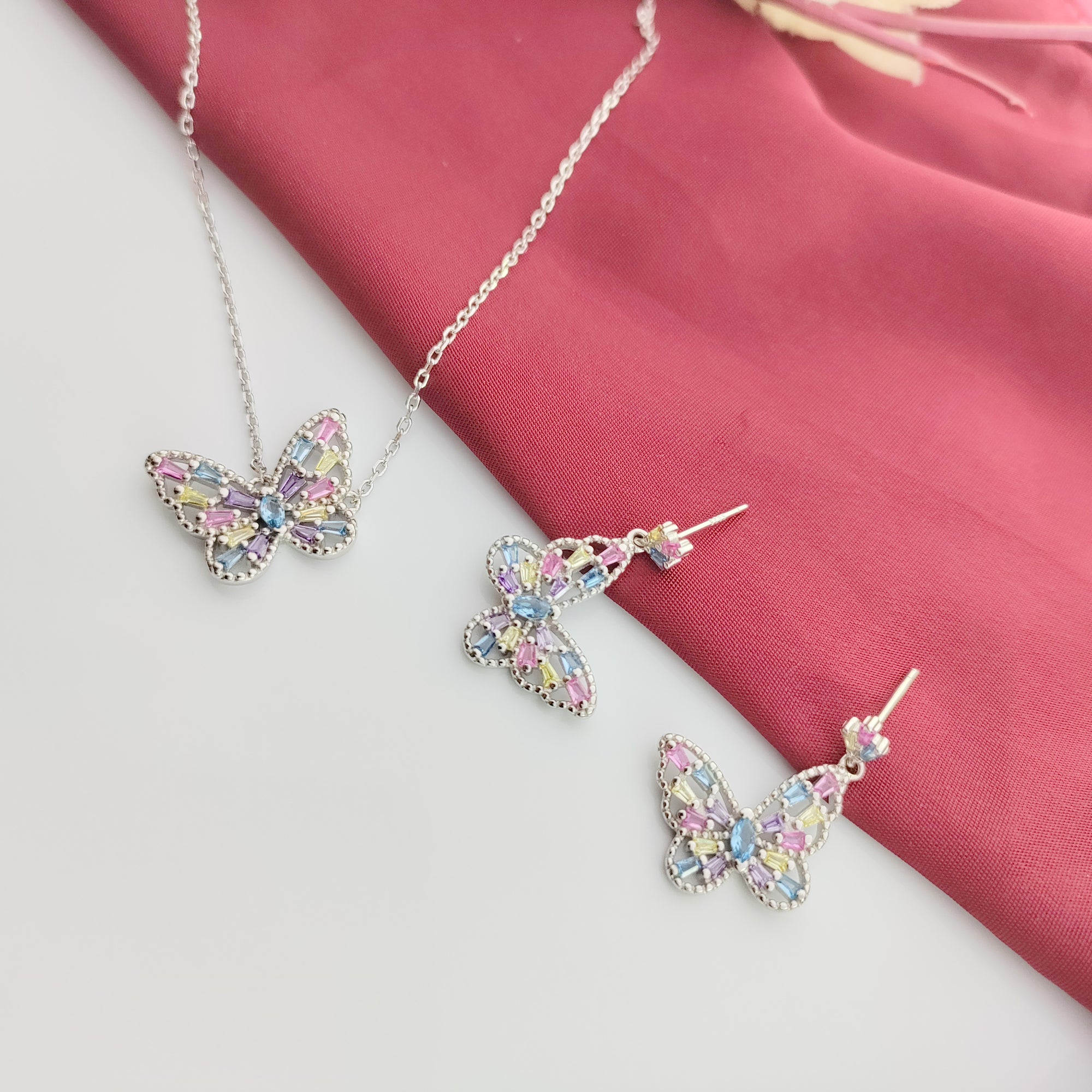 Beautifull Colorfull CZ Butterly Necklace,Earrings,Adjustable Ring Set for Wedding,Engagment in 925 Sterling Silver Minimalist Handmade Gift for her