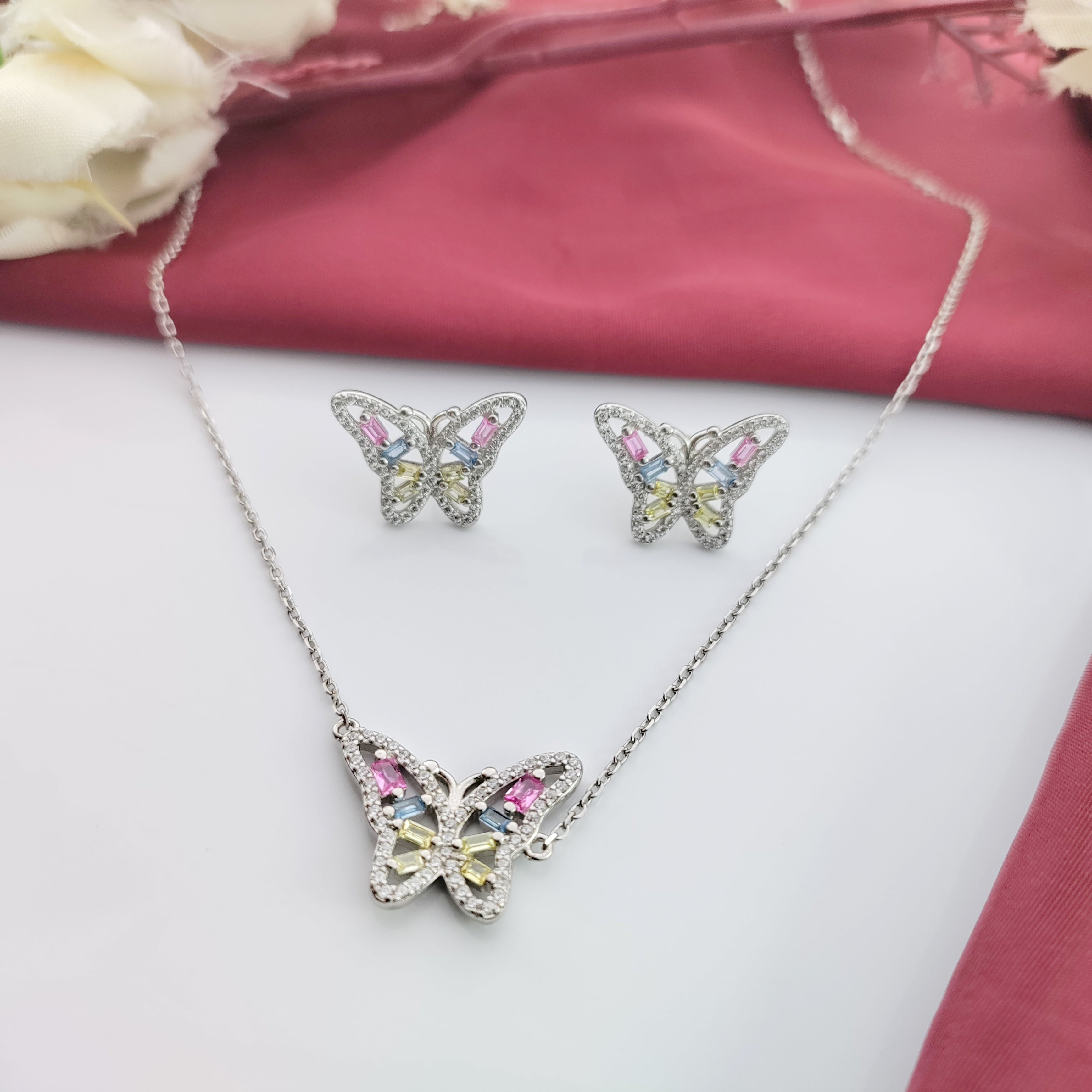 Beautifull Sparkling CZ Butterly Necklace,Earrings,Adjustable Ring Set for Wedding,Engagment in 925 Sterling Silver Minimalist Handmade Gift