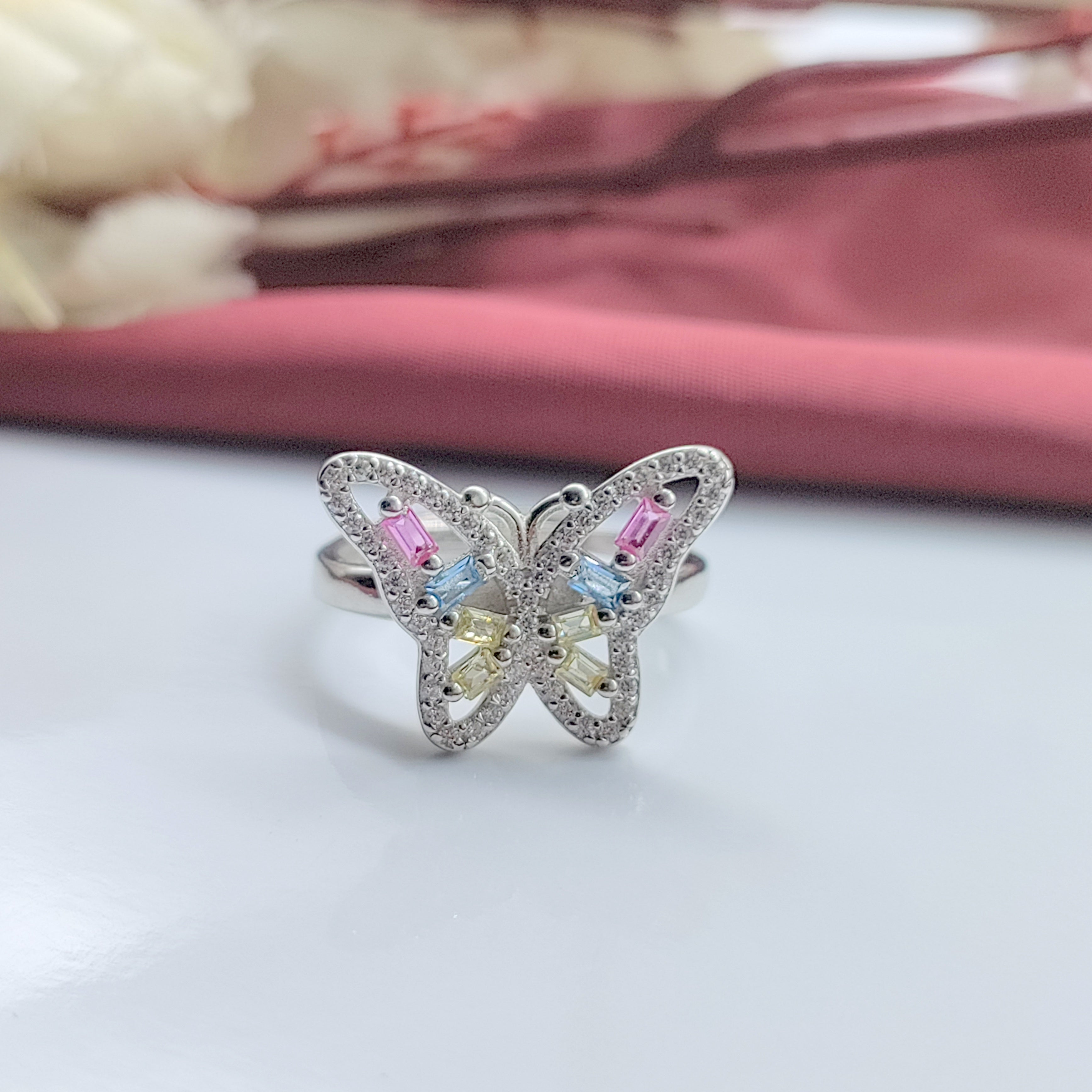 Beautifull Sparkling CZ Butterly Necklace,Earrings,Adjustable Ring Set for Wedding,Engagment in 925 Sterling Silver Minimalist Handmade Gift