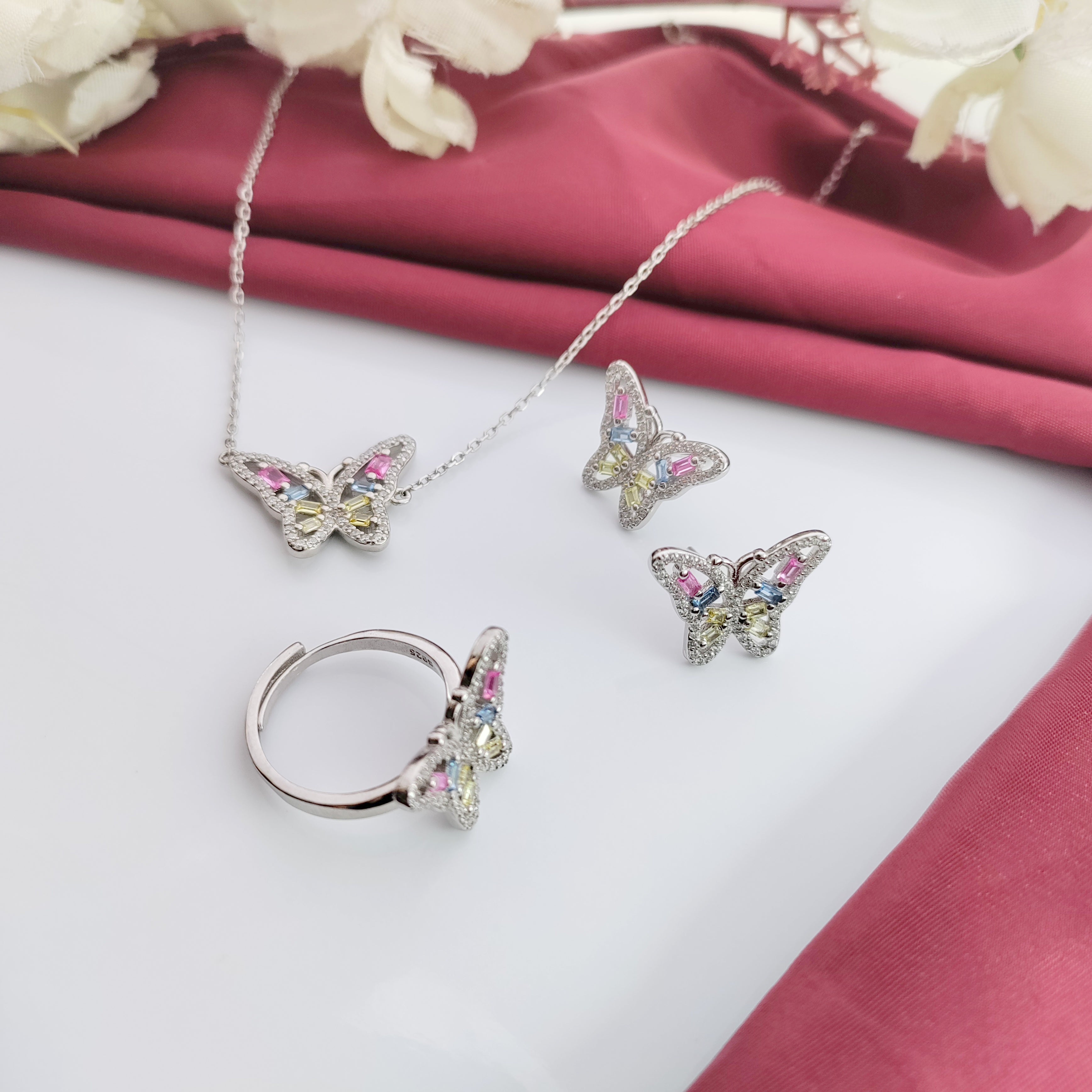 Beautifull Sparkling CZ Butterly Necklace,Earrings,Adjustable Ring Set for Wedding,Engagment in 925 Sterling Silver Minimalist Handmade Gift