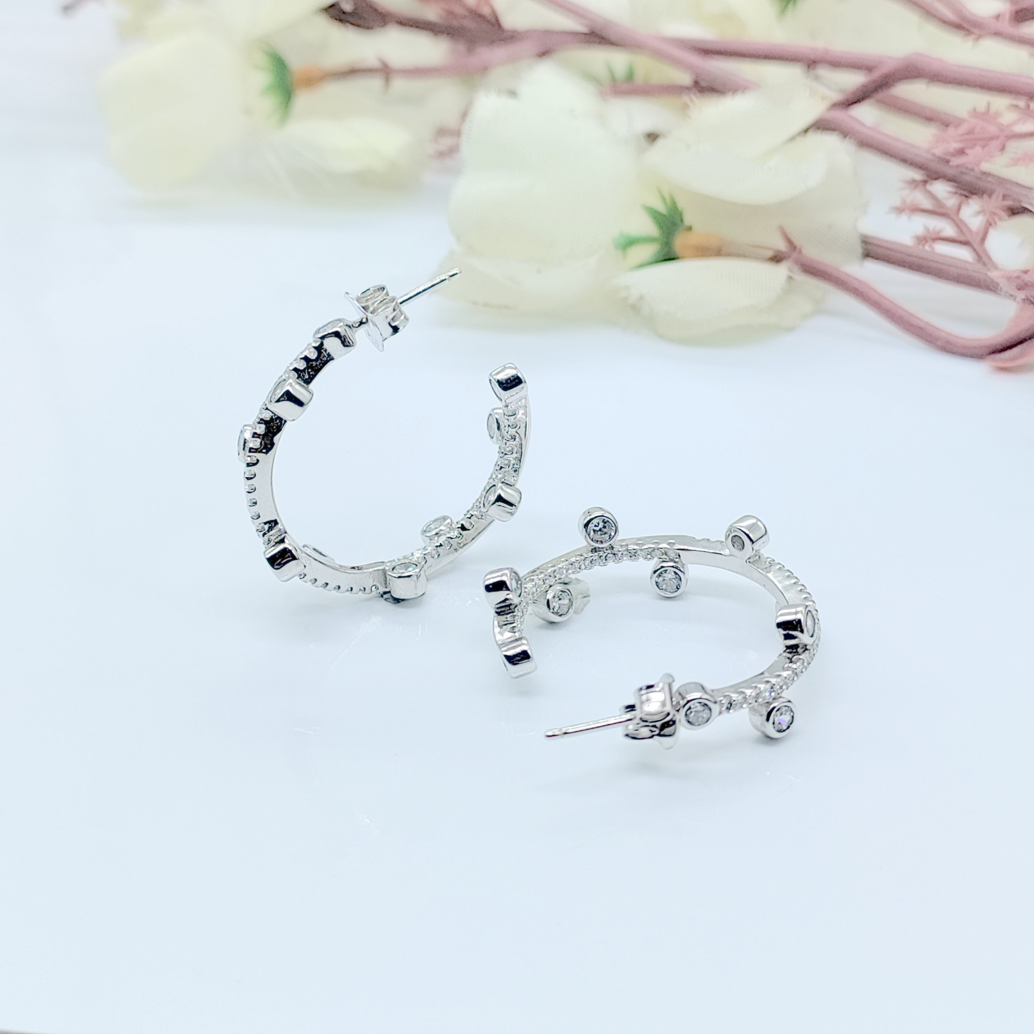 Statement Jewelry Crystal Dotted Hoop Earrings Earrings for Women Minimalist Handmade Gift 925 Sterling Silver-26x26 mm