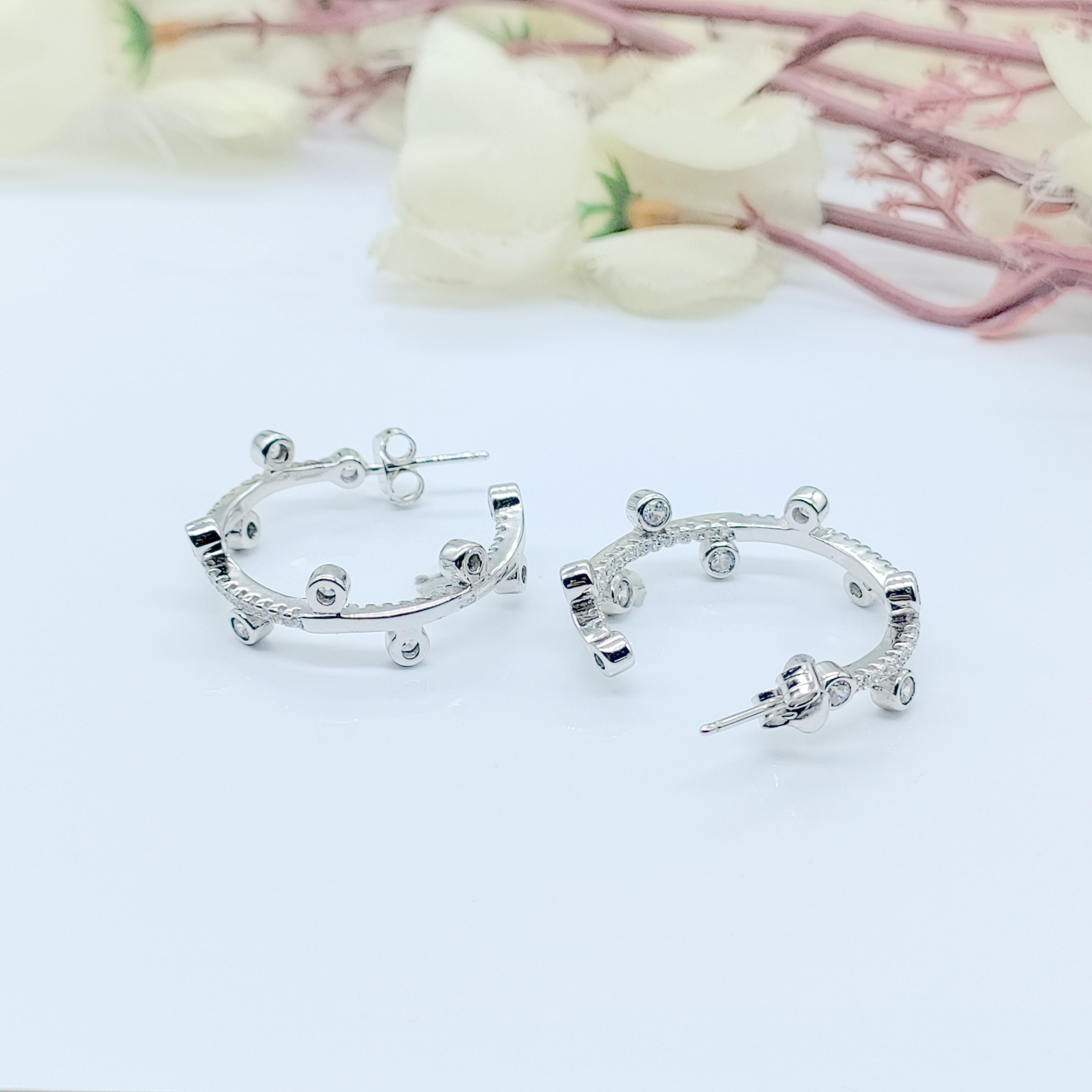 Statement Jewelry Crystal Dotted Hoop Earrings Earrings for Women Minimalist Handmade Gift 925 Sterling Silver-26x26 mm