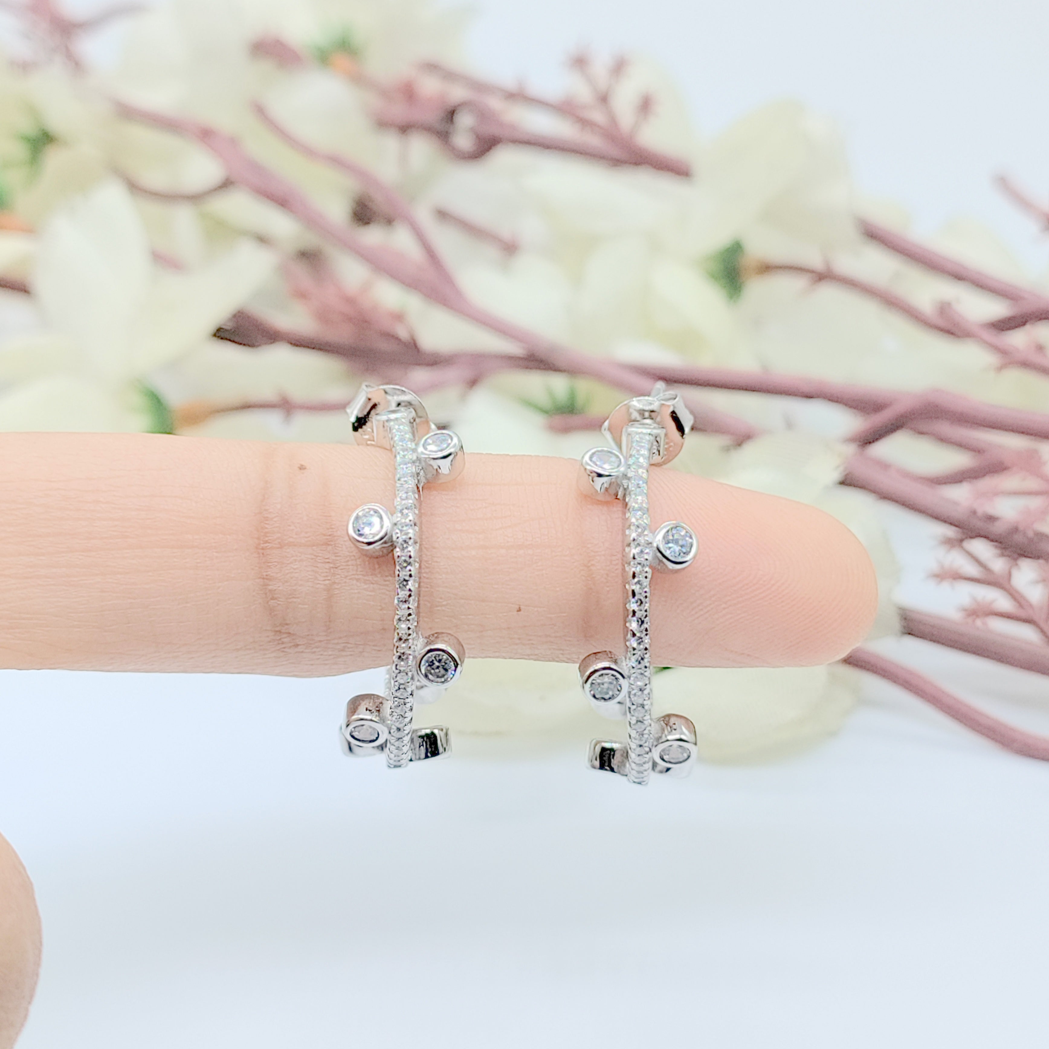 Statement Jewelry Crystal Dotted Hoop Earrings Earrings for Women Minimalist Handmade Gift 925 Sterling Silver-26x26 mm