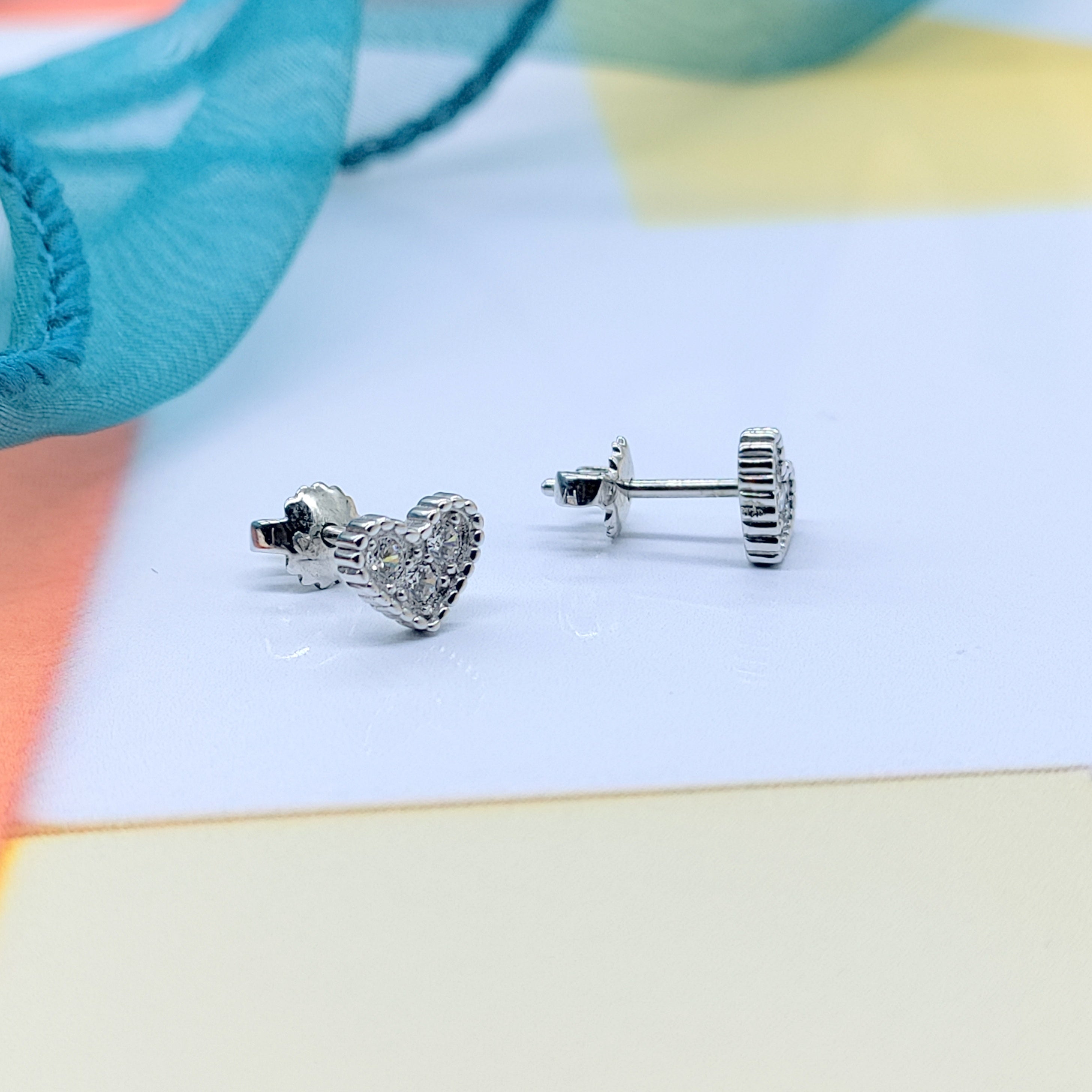 Sterling Silver 925 Elegant Design Heart Shape Studs Earrings CZ Diamonds Minimalist Handmade Cute Gift Studs with Push back