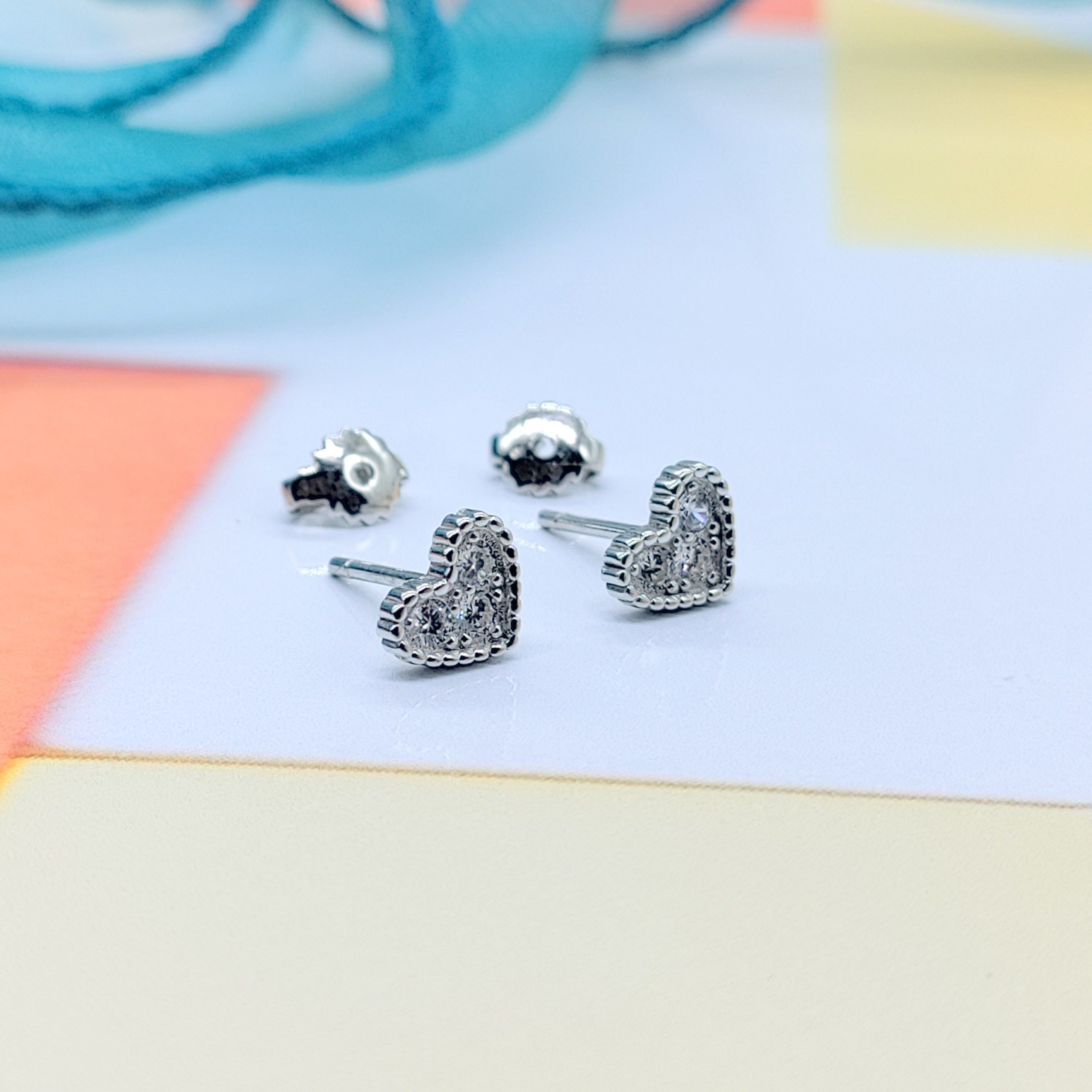 Sterling Silver 925 Elegant Design Heart Shape Studs Earrings CZ Diamonds Minimalist Handmade Cute Gift Studs with Push back