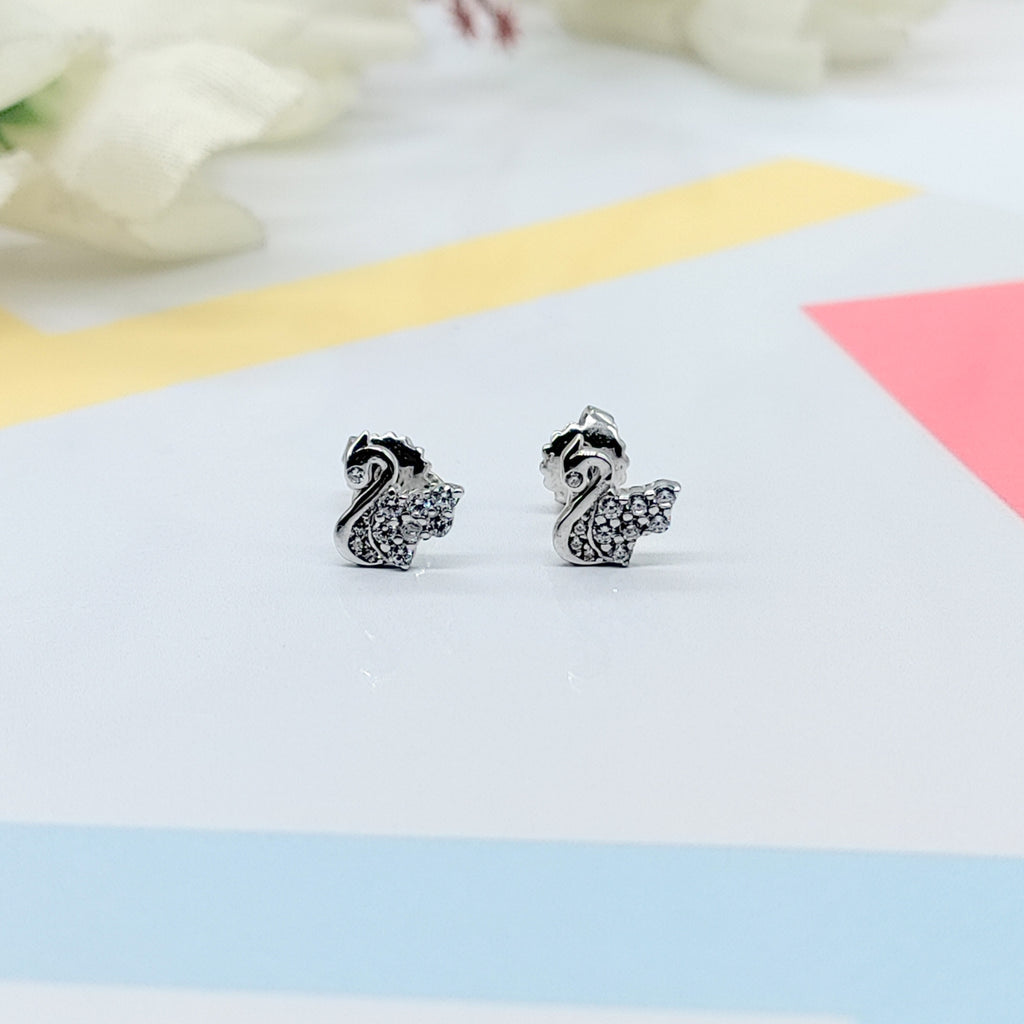 Sterling Silver 925 Baby Swan Earrings CZ Diamonds Minimalist Handmade Cute Gift Studs with Push back