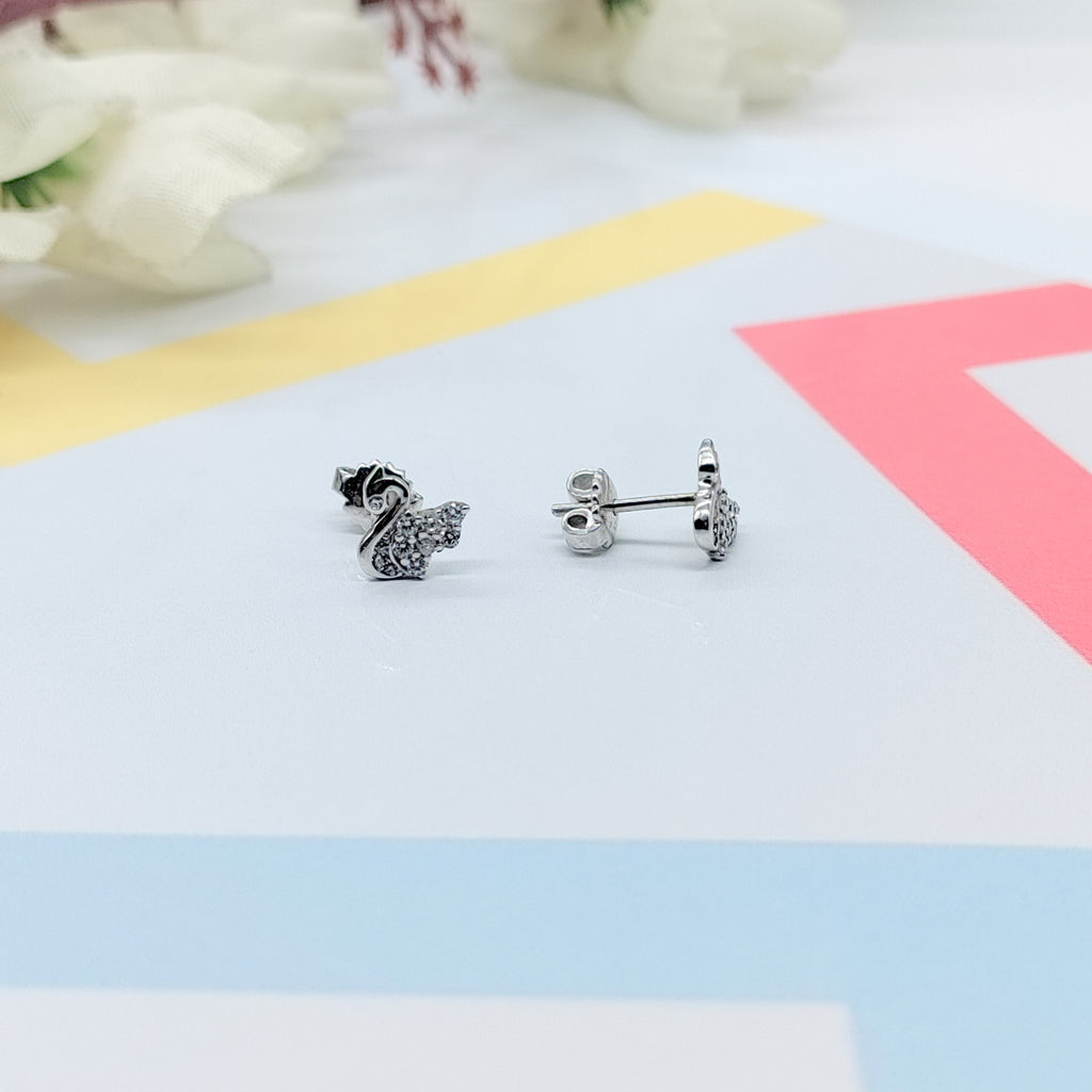 Sterling Silver 925 Baby Swan Earrings CZ Diamonds Minimalist Handmade Cute Gift Studs with Push back