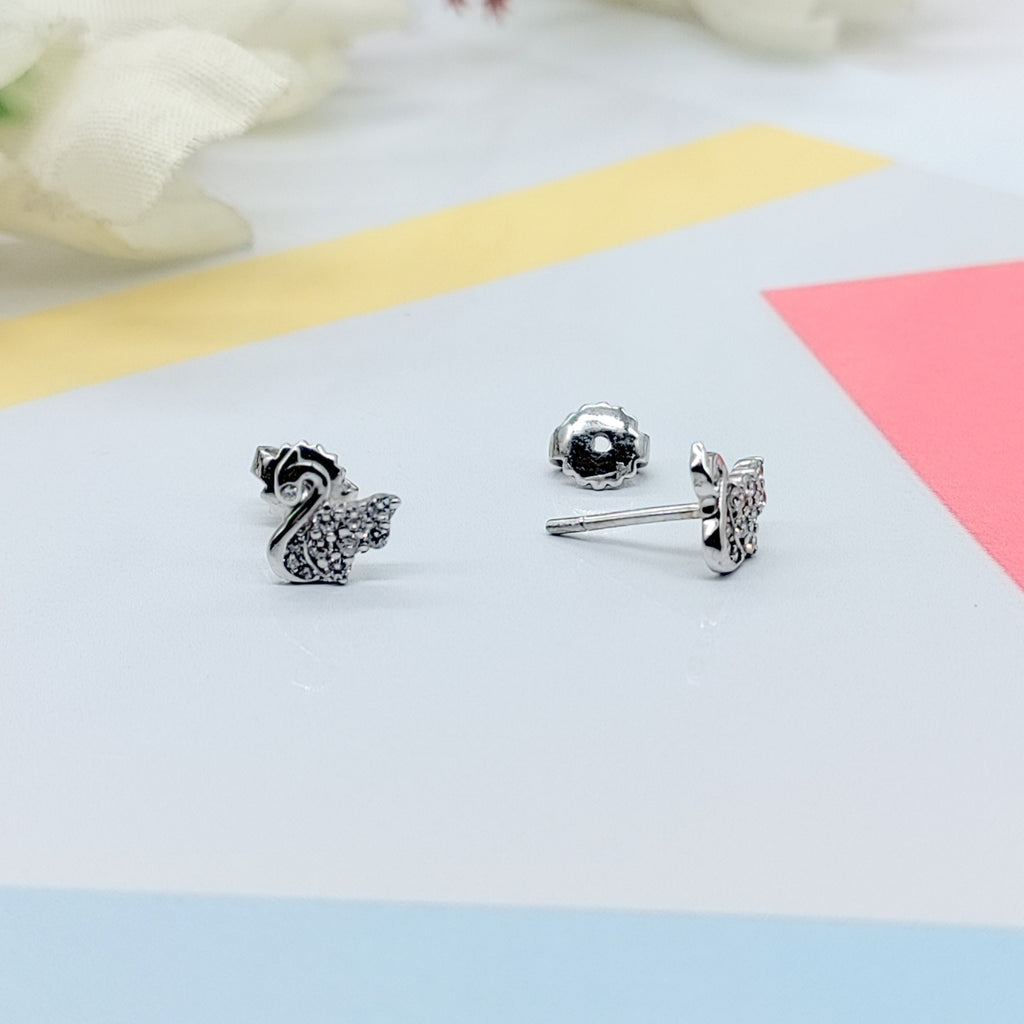 Sterling Silver 925 Baby Swan Earrings CZ Diamonds Minimalist Handmade Cute Gift Studs with Push back