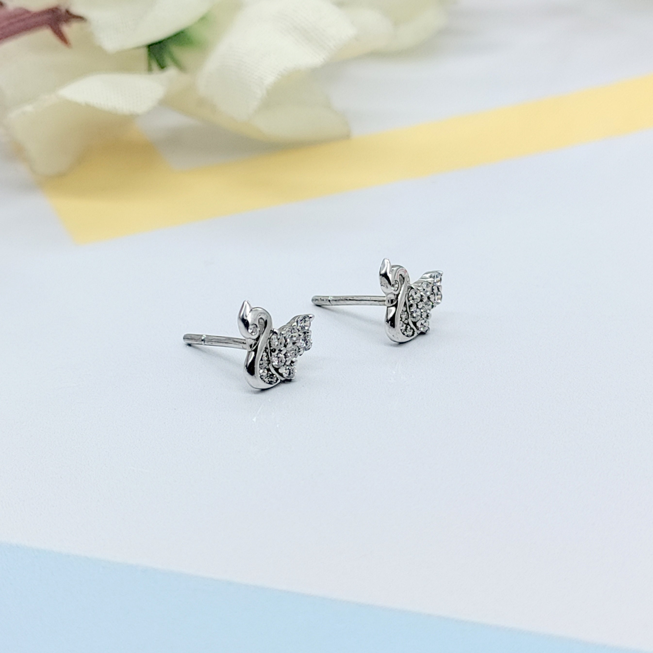 Sterling Silver 925 Baby Swan Earrings CZ Diamonds Minimalist Handmade Cute Gift Studs with Push back