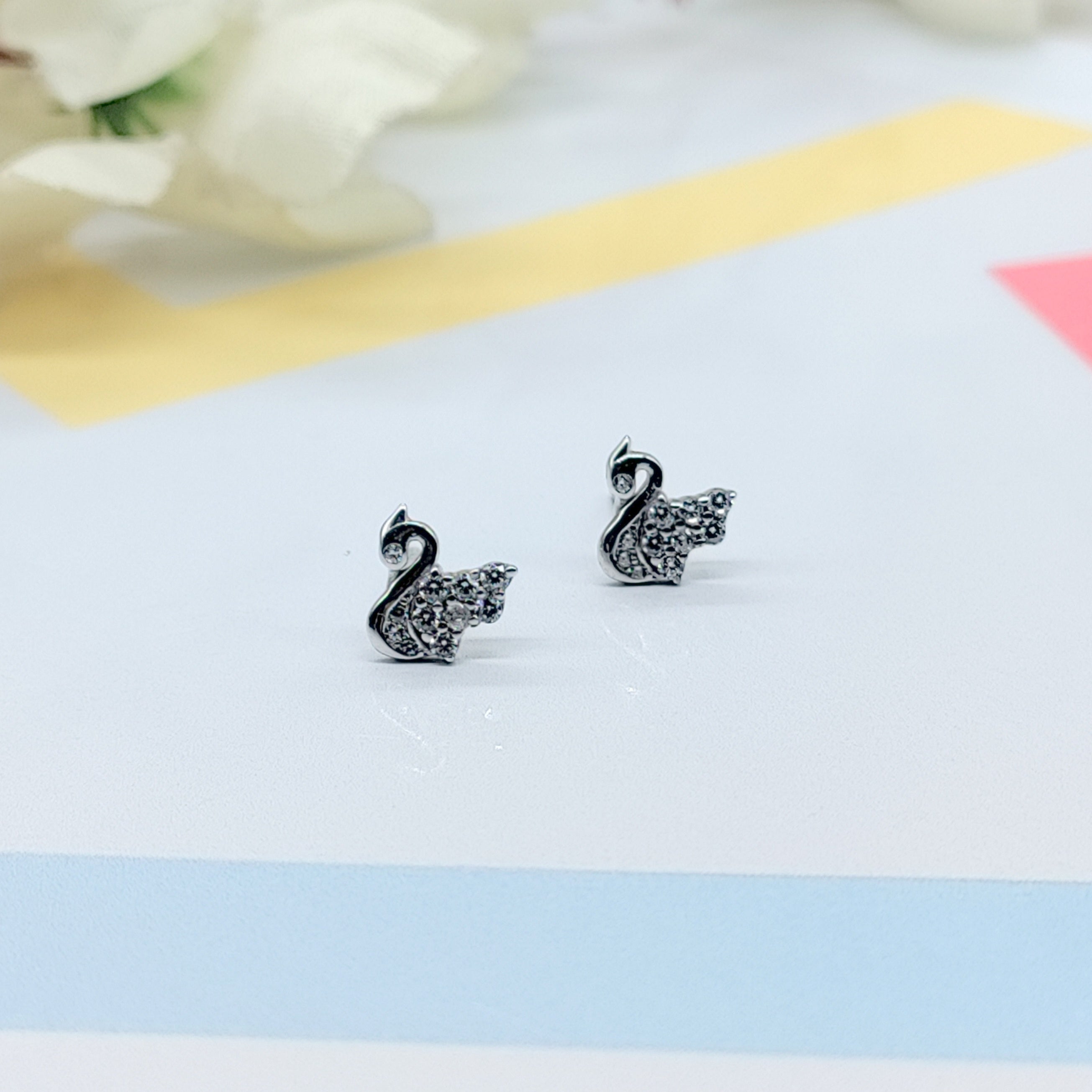 Sterling Silver 925 Baby Swan Earrings CZ Diamonds Minimalist Handmade Cute Gift Studs with Push back