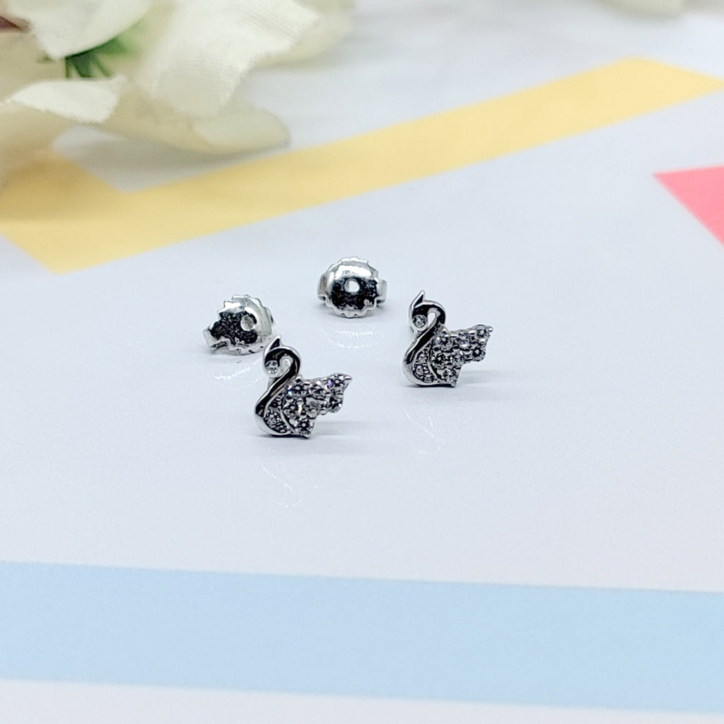 Sterling Silver 925 Baby Swan Earrings CZ Diamonds Minimalist Handmade Cute Gift Studs with Push back