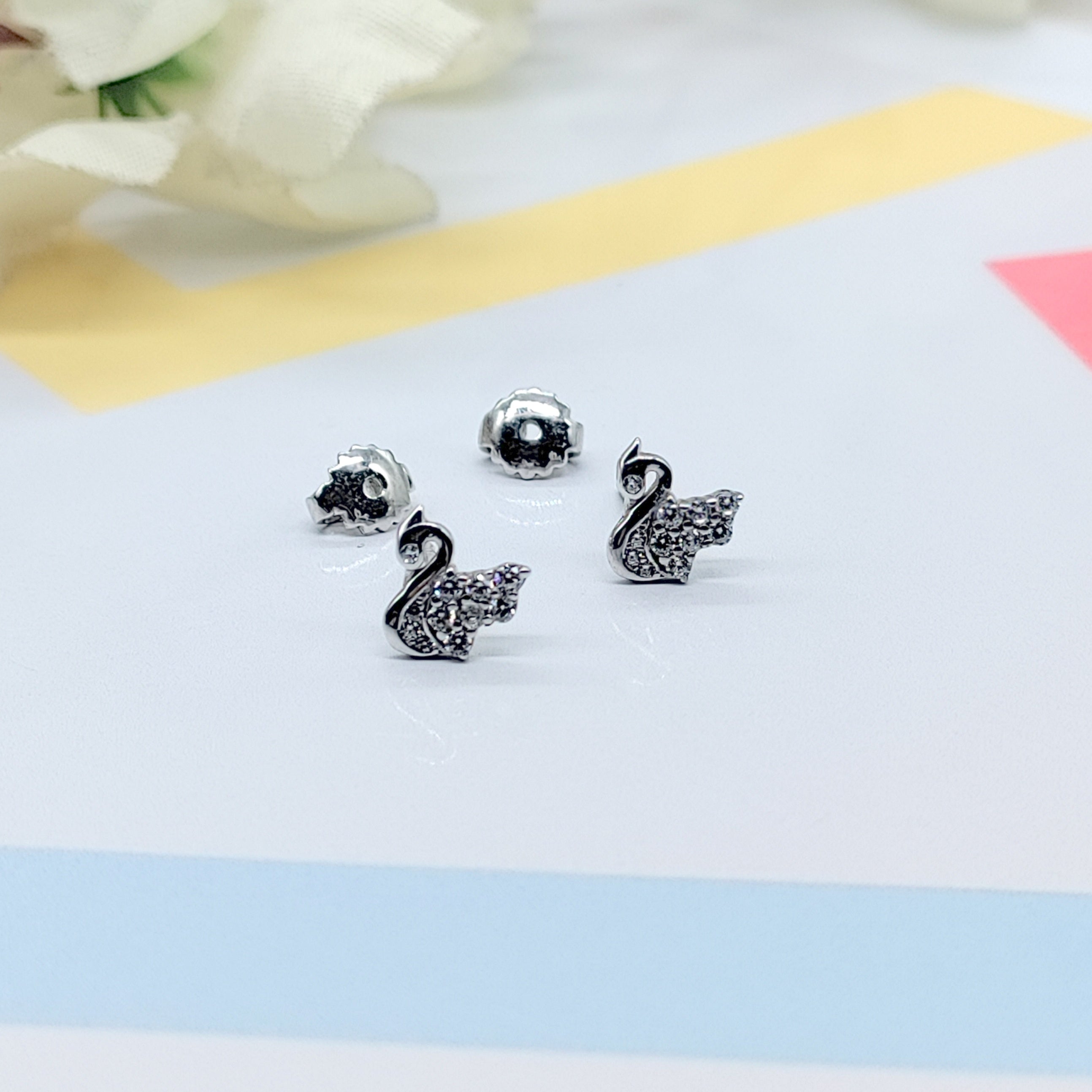 Sterling Silver 925 Baby Swan Earrings CZ Diamonds Minimalist Handmade Cute Gift Studs with Push back