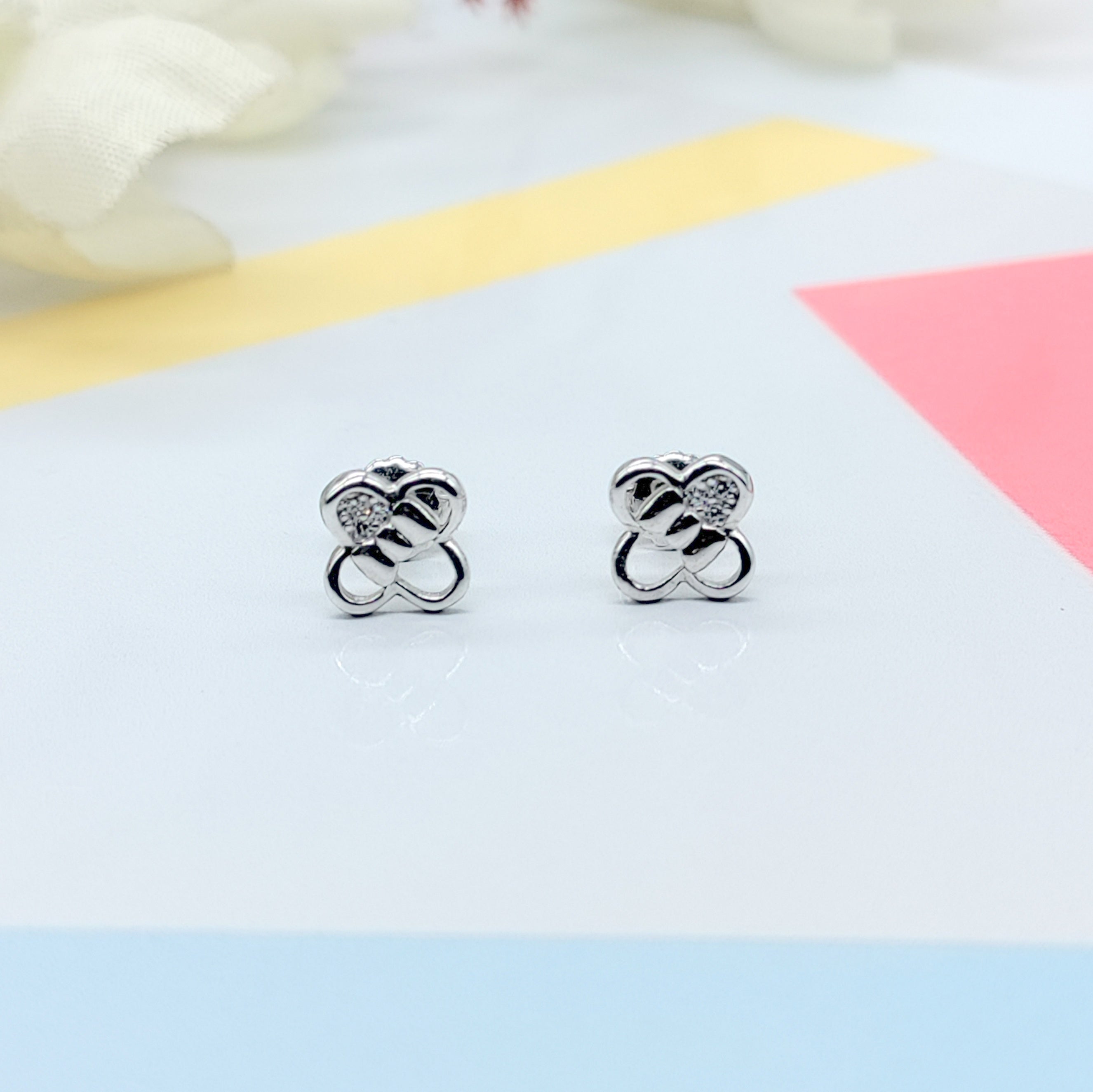 Sterling Silver 925 Flower Shape with Bow Design Studs Earrings CZ Diamonds Minimalist Handmade Cute Gift Studs with Push back