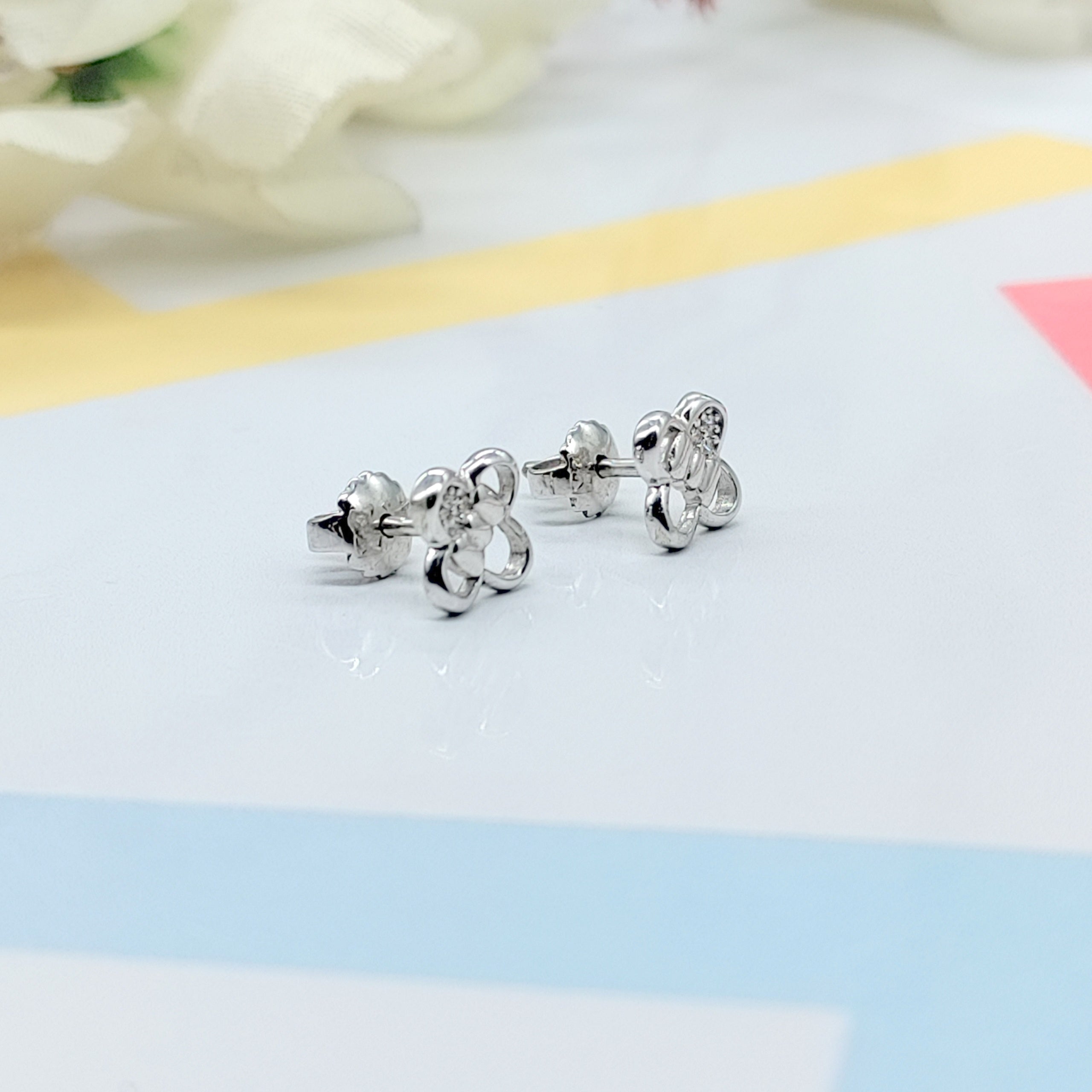 Sterling Silver 925 Flower Shape with Bow Design Studs Earrings CZ Diamonds Minimalist Handmade Cute Gift Studs with Push back