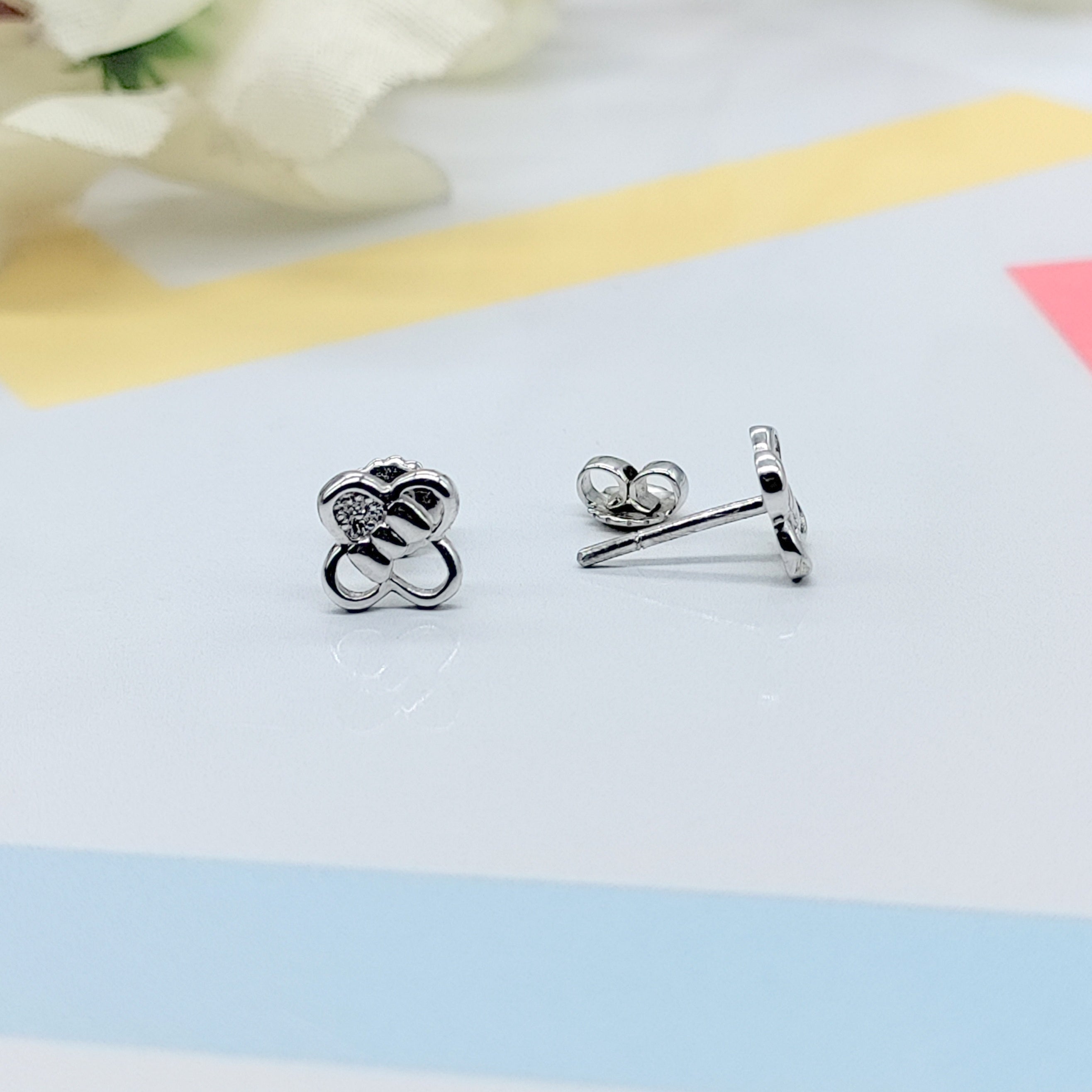 Sterling Silver 925 Flower Shape with Bow Design Studs Earrings CZ Diamonds Minimalist Handmade Cute Gift Studs with Push back