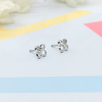 Sterling Silver 925 Flower Shape with Bow Design Studs Earrings CZ Diamonds Minimalist Handmade Cute Gift Studs with Push back