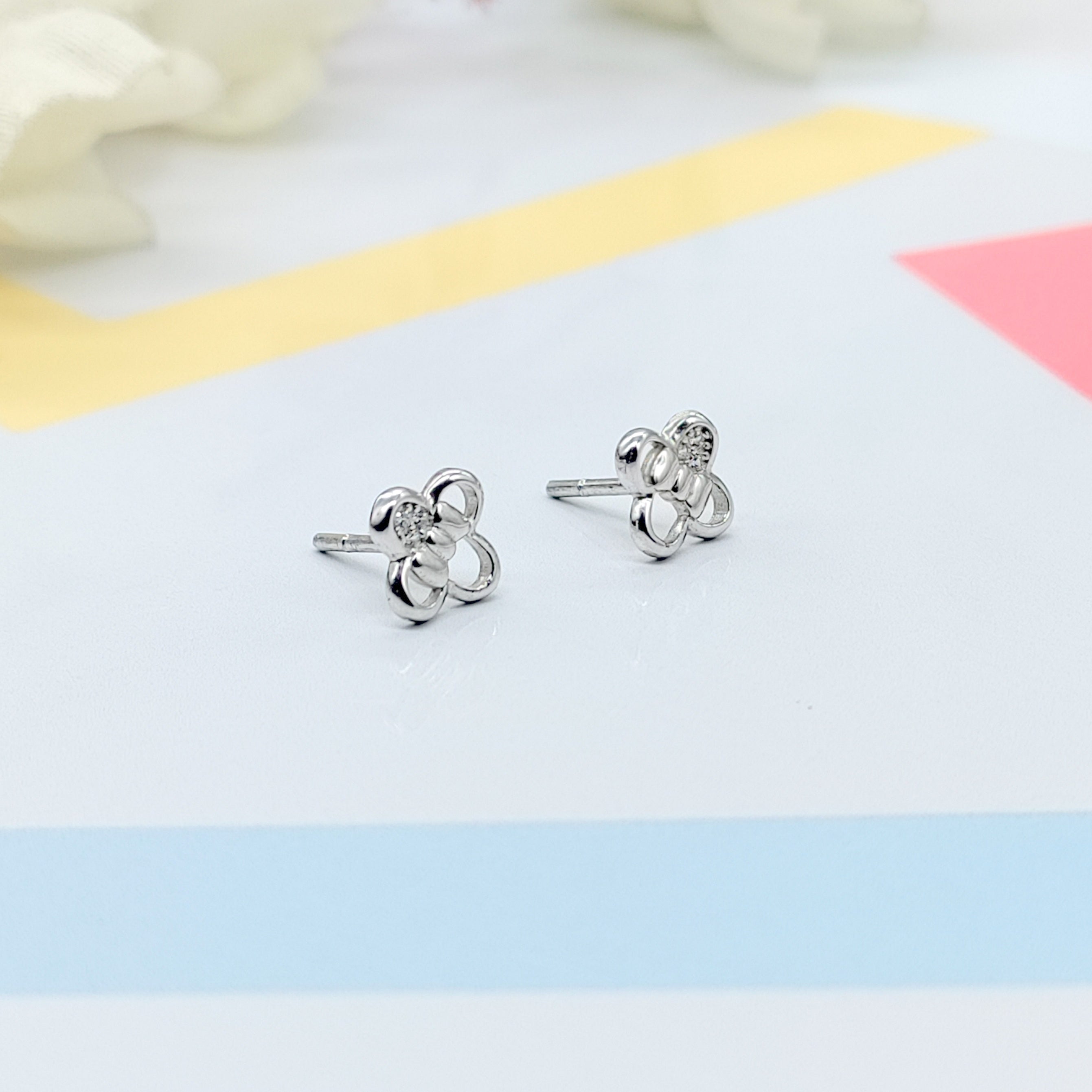 Sterling Silver 925 Flower Shape with Bow Design Studs Earrings CZ Diamonds Minimalist Handmade Cute Gift Studs with Push back