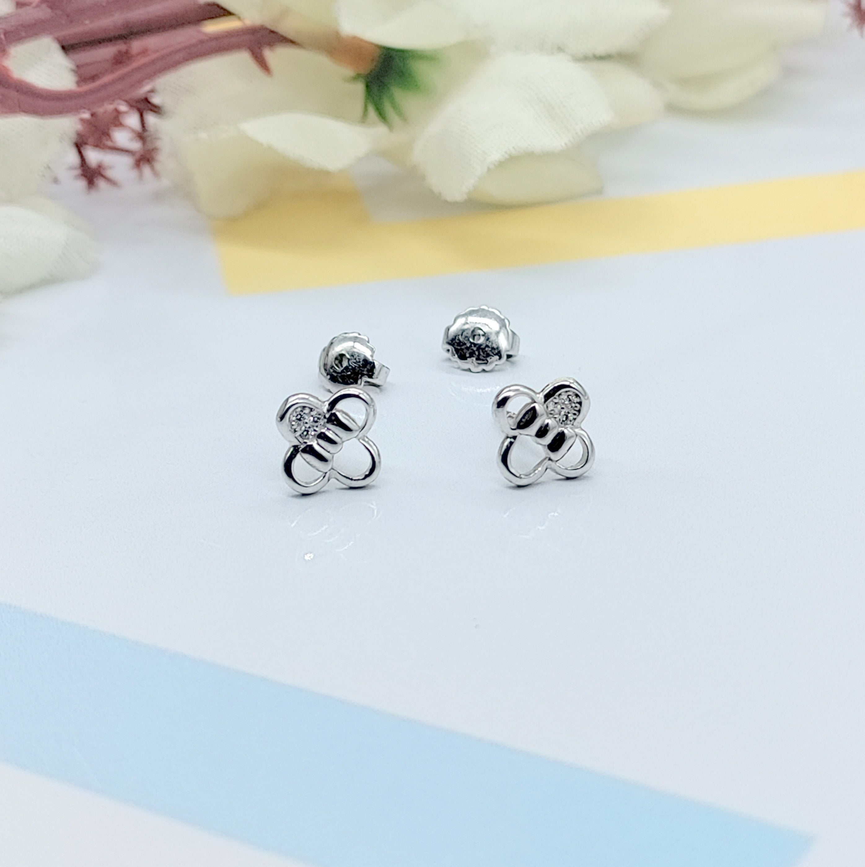 Sterling Silver 925 Flower Shape with Bow Design Studs Earrings CZ Diamonds Minimalist Handmade Cute Gift Studs with Push back