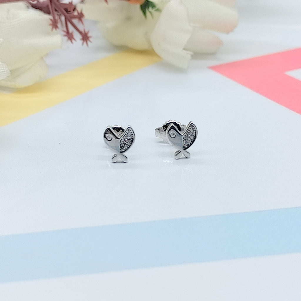 925 Sterling Silver Funky Fish with Open Mouth Earrings CZ Diamonds