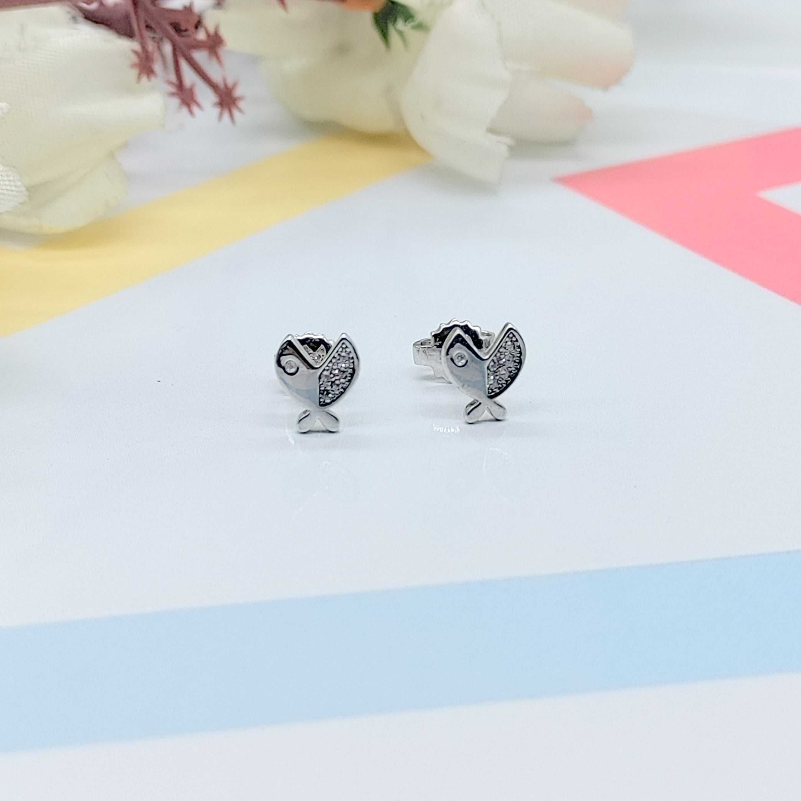 925 Sterling Silver Funky Fish with Open Mouth Earrings CZ Diamonds