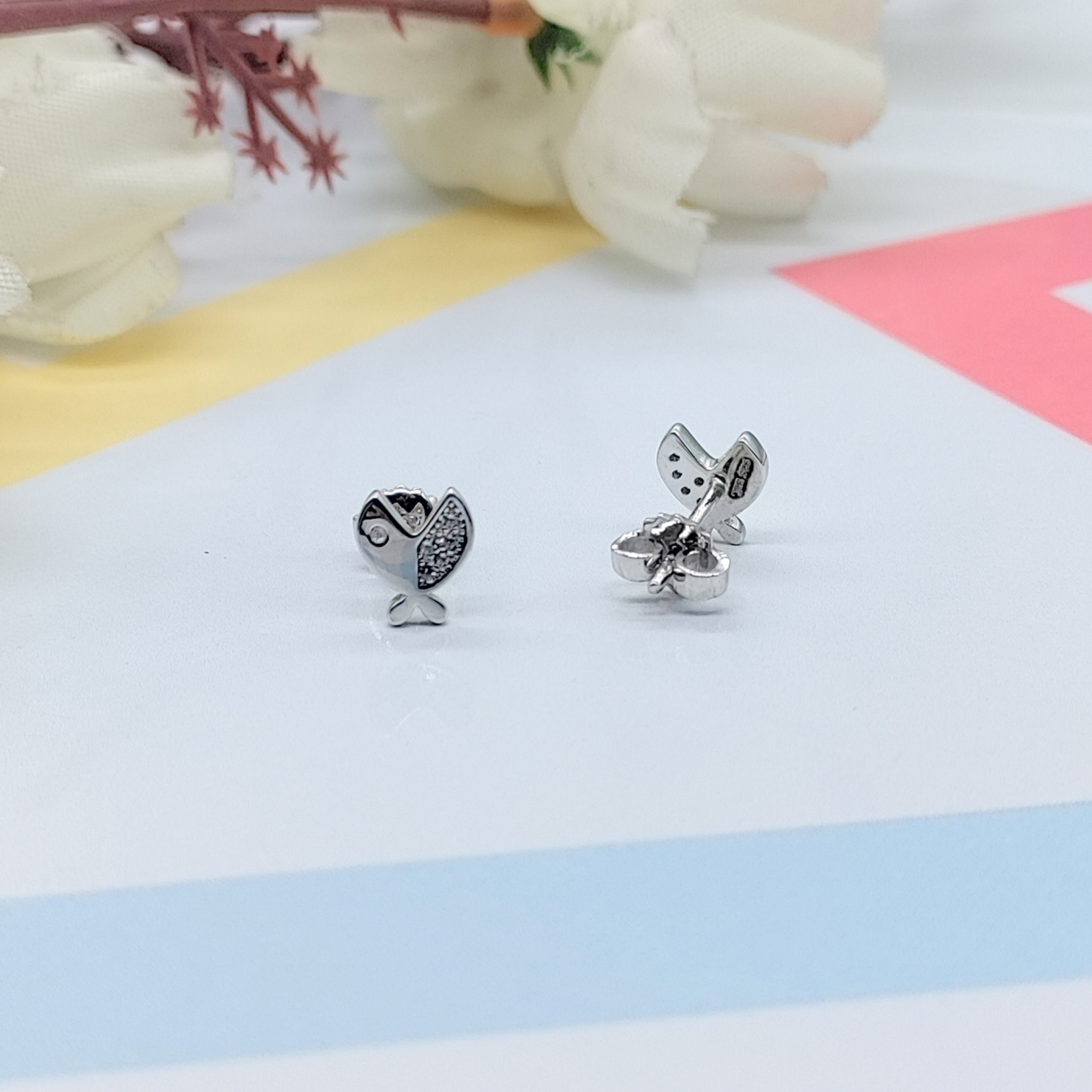 925 Sterling Silver Funky Fish with Open Mouth Earrings CZ Diamonds