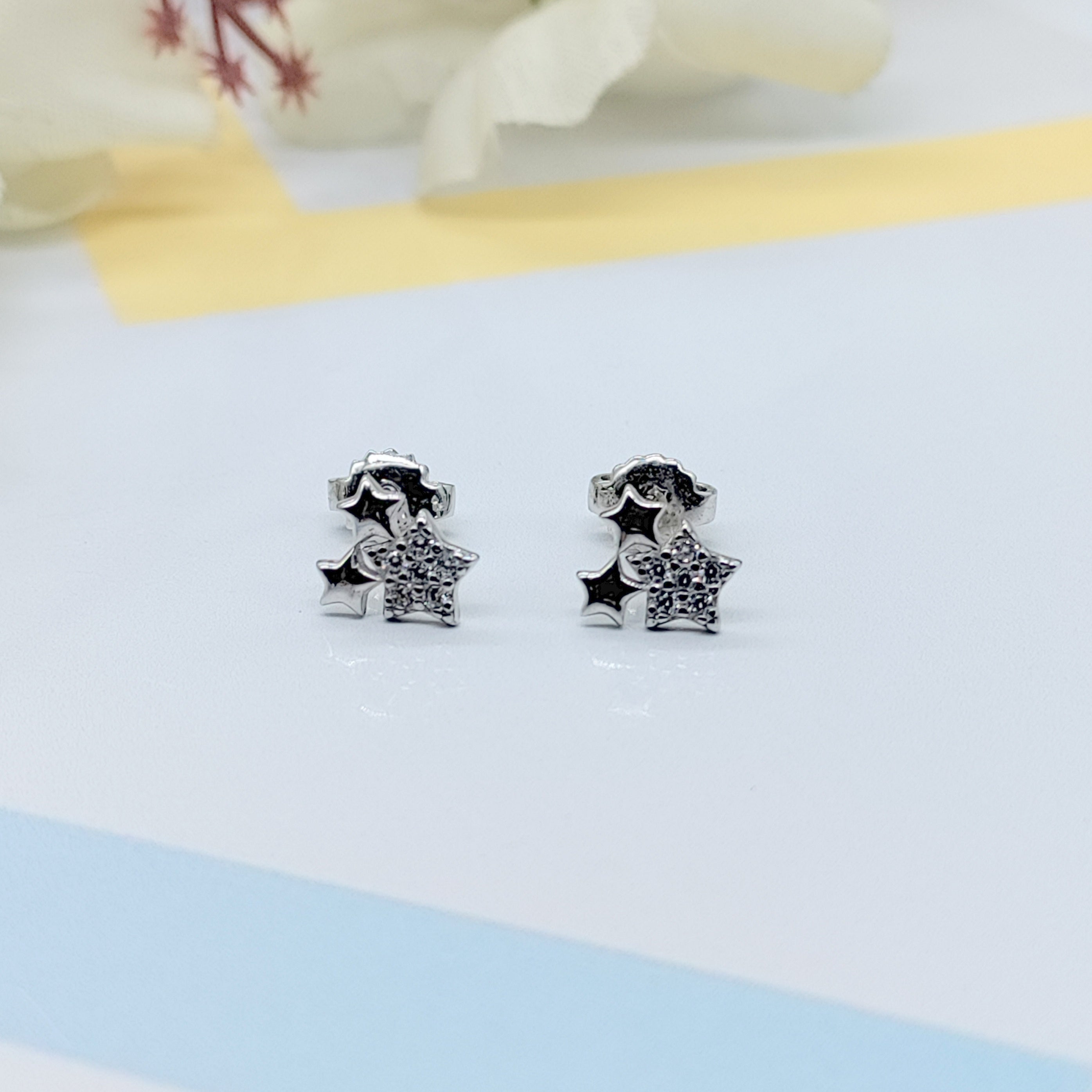 Sterling Silver 925 Twin Star Flower Design Stud Earrings Every Day Wear CZ Diamonds Minimalist Handmade Gift Studs with Push back