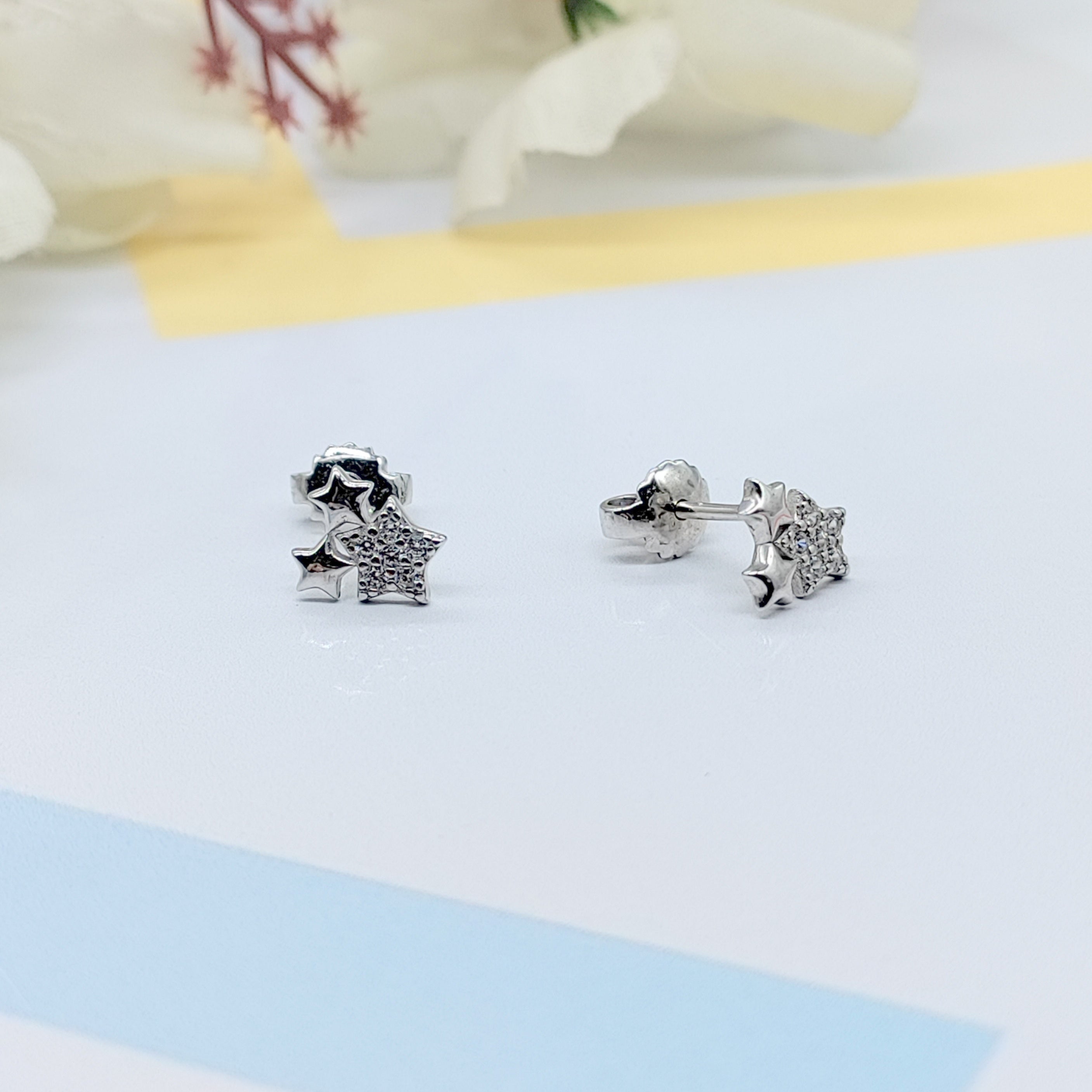 Sterling Silver 925 Twin Star Flower Design Stud Earrings Every Day Wear CZ Diamonds Minimalist Handmade Gift Studs with Push back