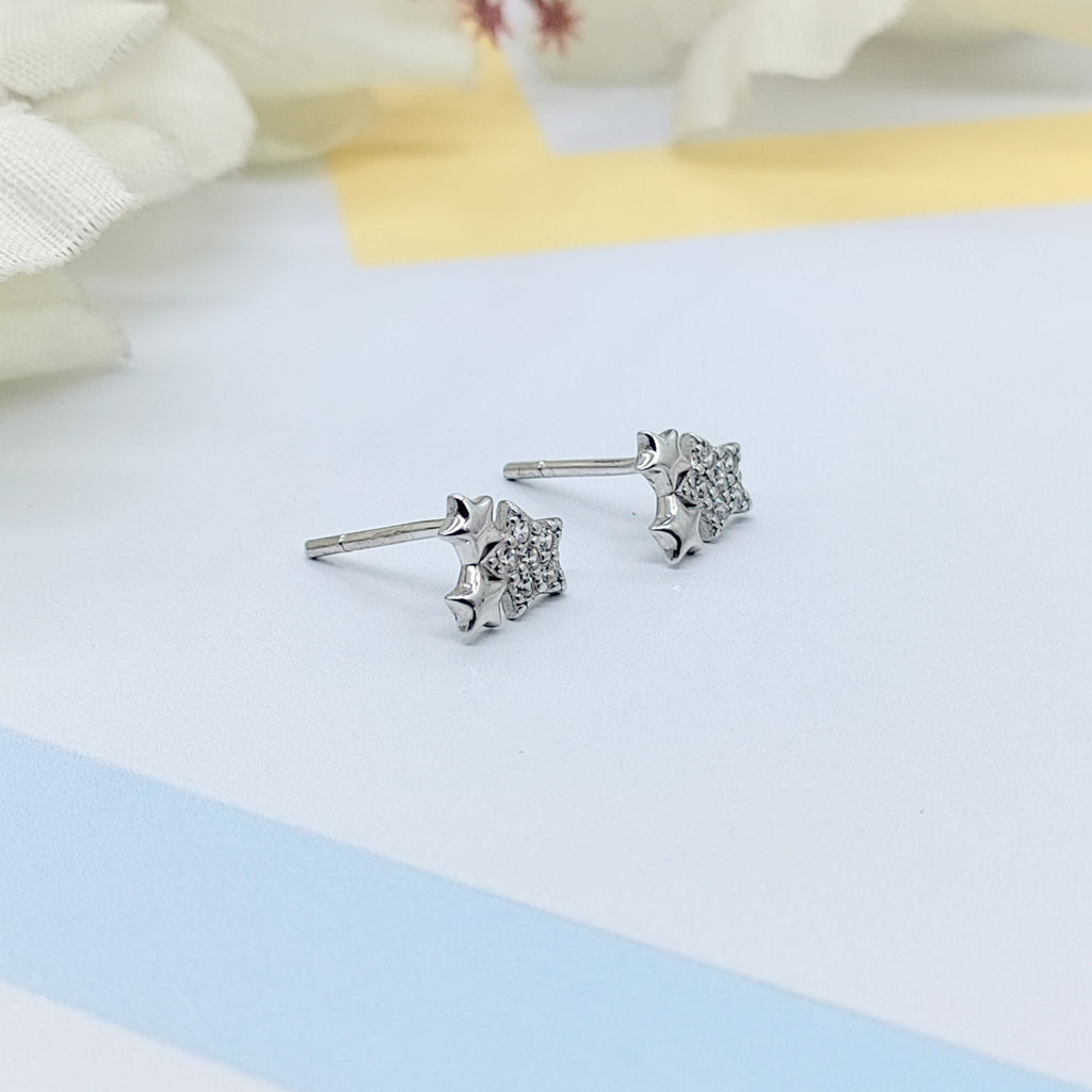 Sterling Silver 925 Twin Star Flower Design Stud Earrings Every Day Wear CZ Diamonds Minimalist Handmade Gift Studs with Push back