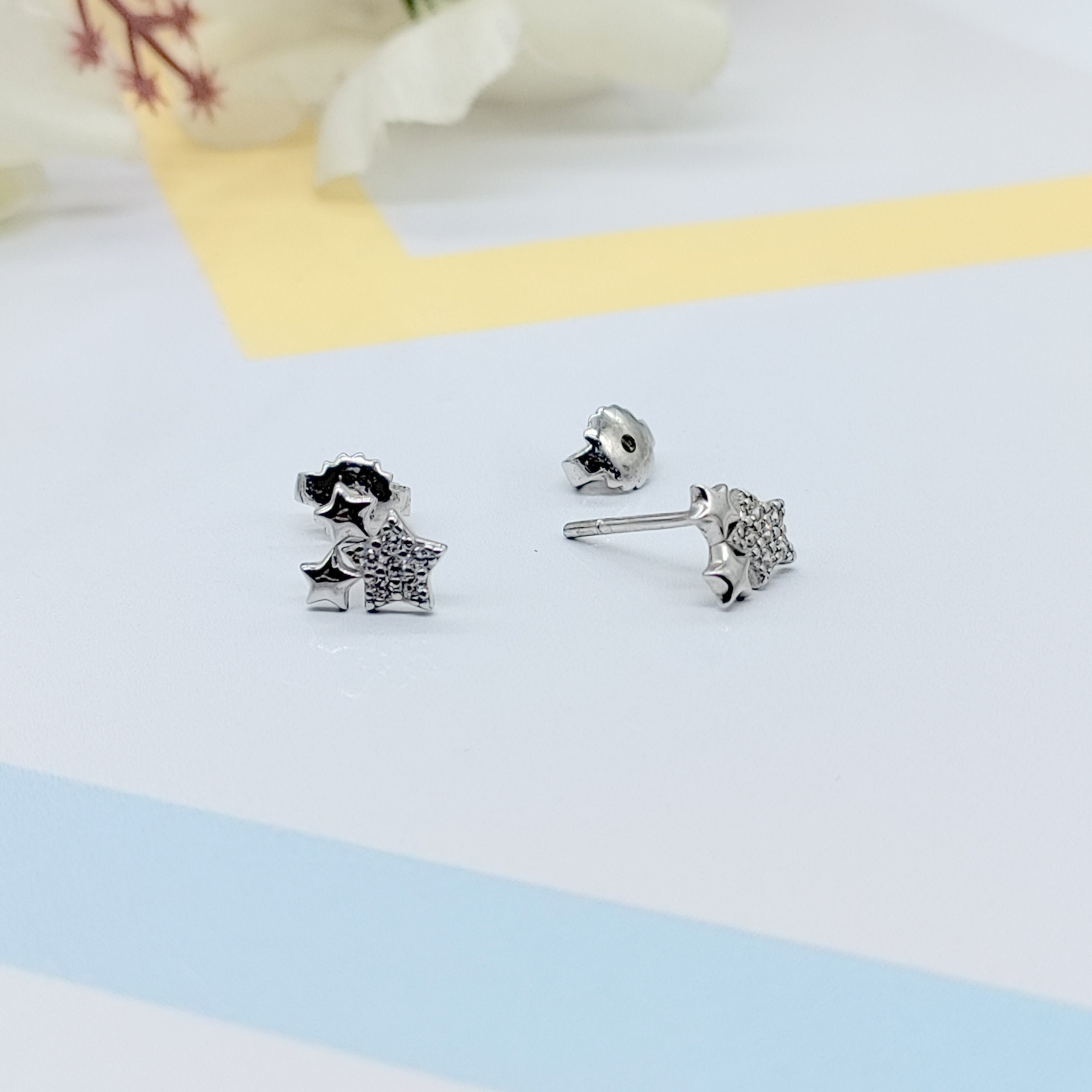 Sterling Silver 925 Twin Star Flower Design Stud Earrings Every Day Wear CZ Diamonds Minimalist Handmade Gift Studs with Push back