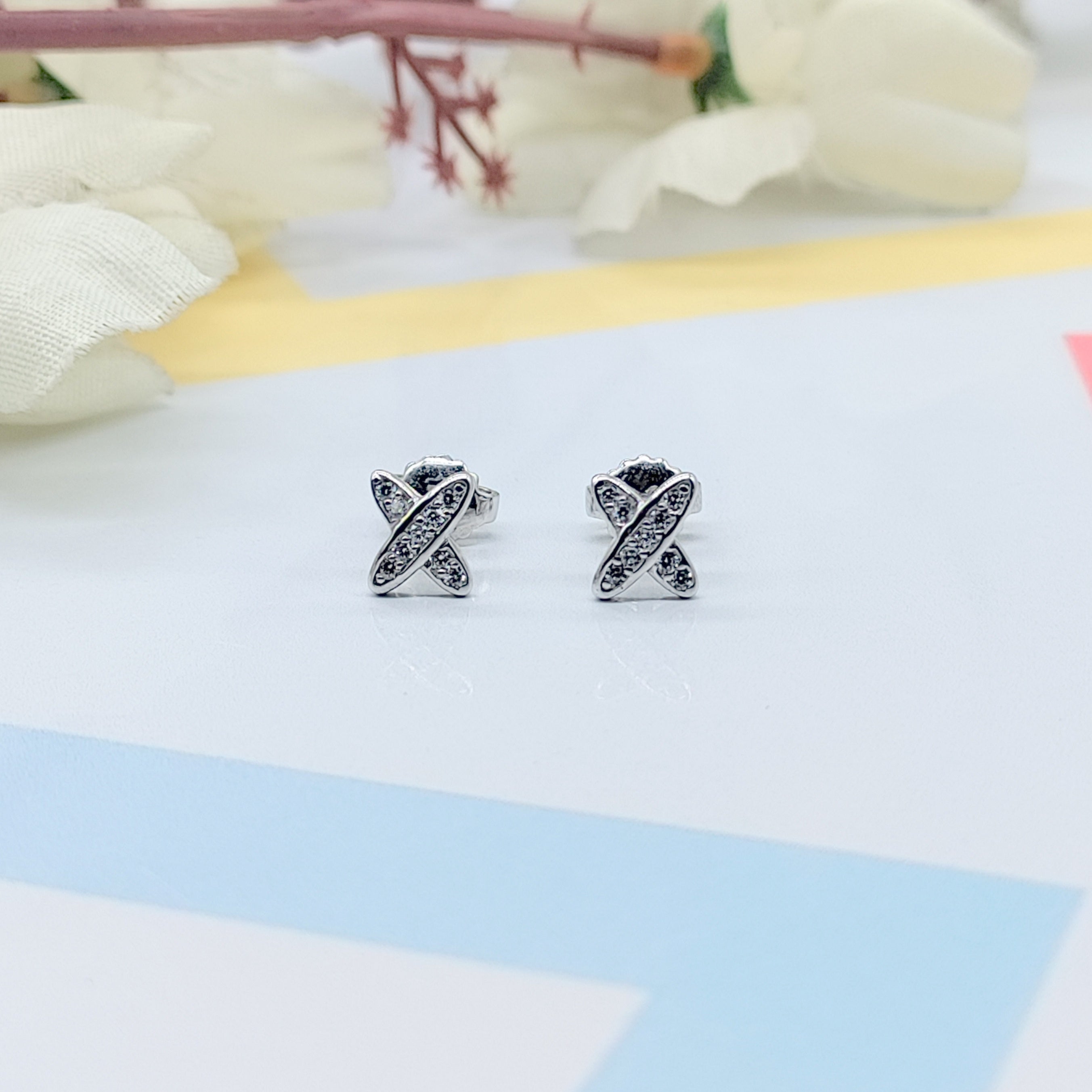 Sterling Silver 925 Cross X Design Stud Earrings Every Day Wear CZ Diamonds Minimalist Handmade Gift Studs with Push back
