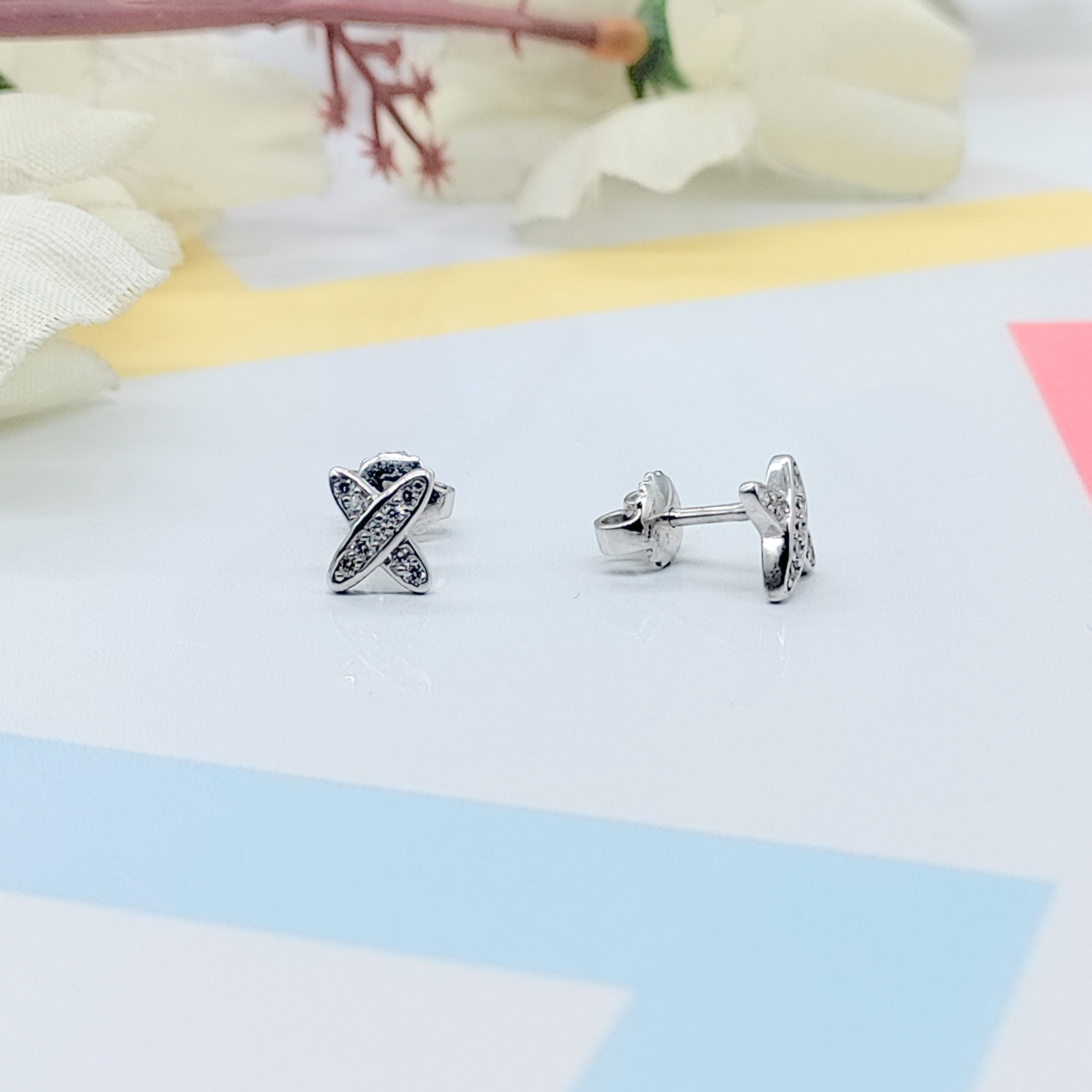 Sterling Silver 925 Cross X Design Stud Earrings Every Day Wear CZ Diamonds Minimalist Handmade Gift Studs with Push back