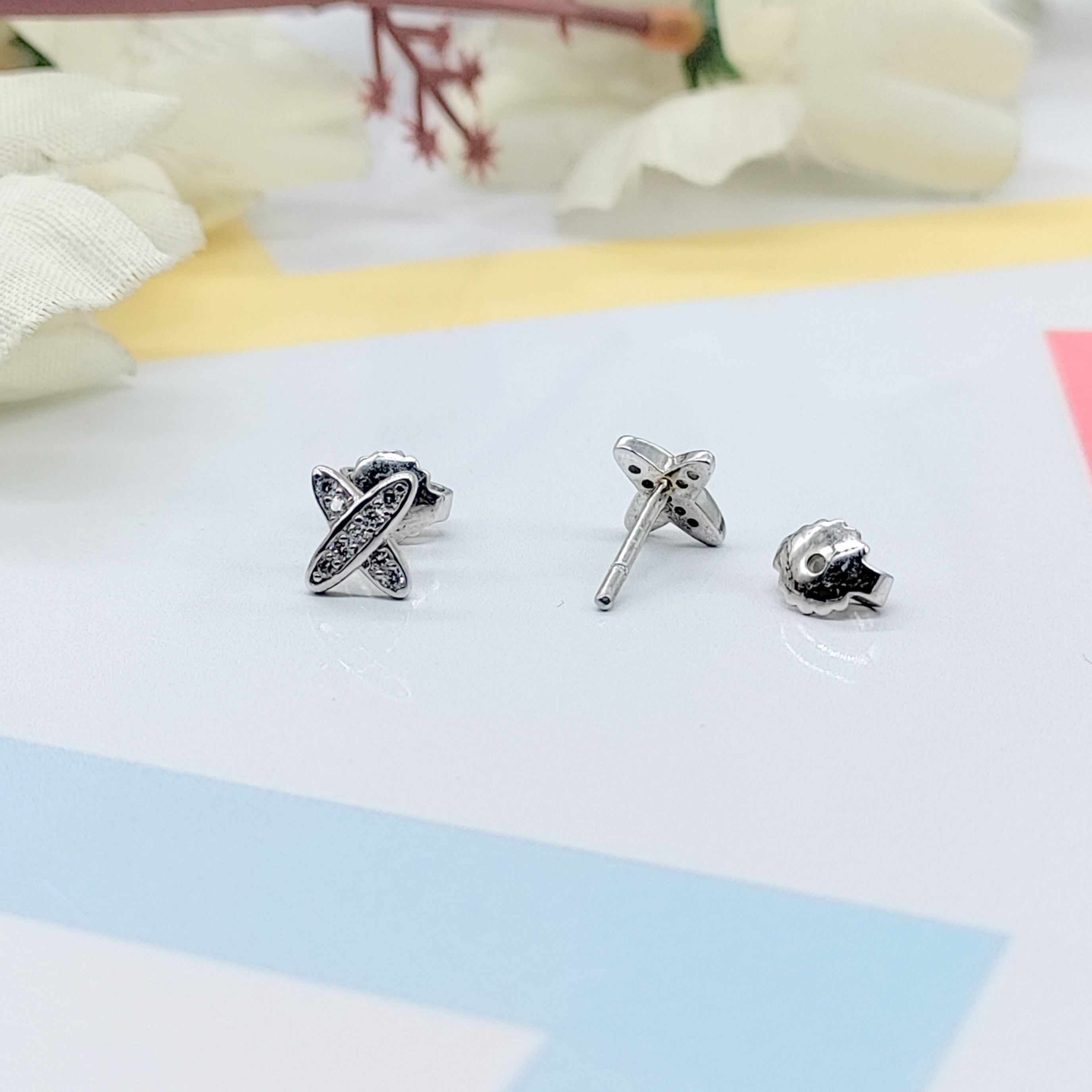 Sterling Silver 925 Cross X Design Stud Earrings Every Day Wear CZ Diamonds Minimalist Handmade Gift Studs with Push back