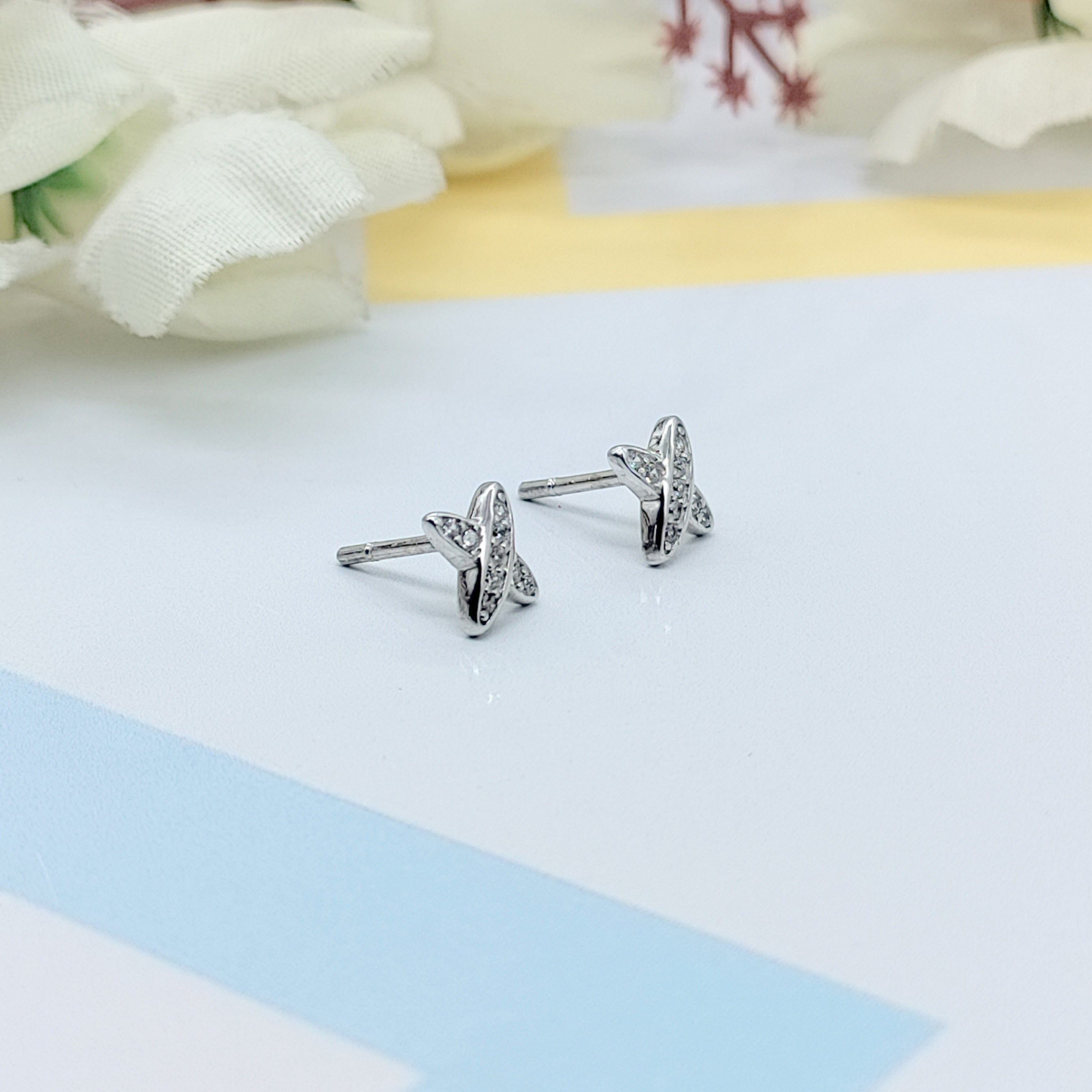 Sterling Silver 925 Cross X Design Stud Earrings Every Day Wear CZ Diamonds Minimalist Handmade Gift Studs with Push back