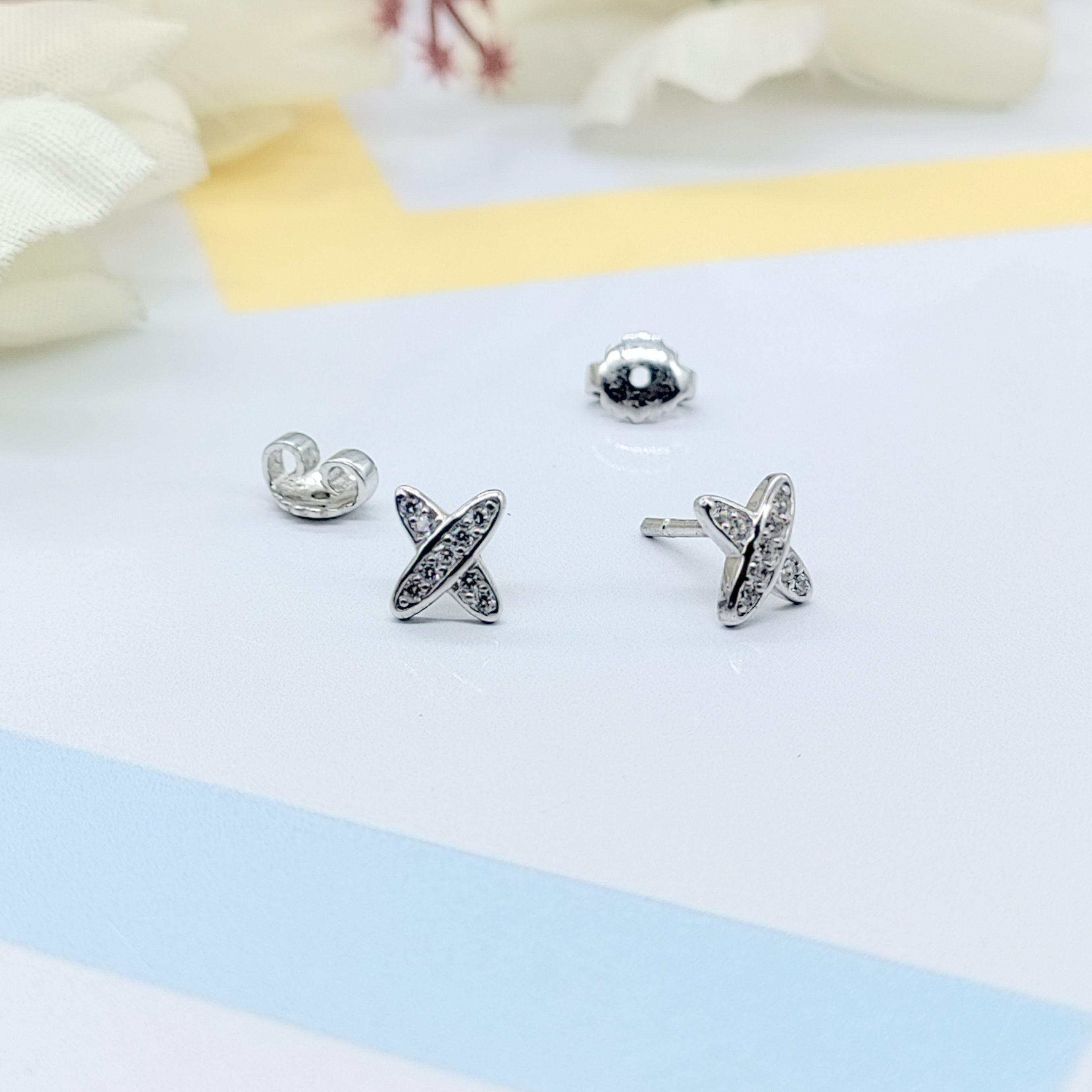 Sterling Silver 925 Cross X Design Stud Earrings Every Day Wear CZ Diamonds Minimalist Handmade Gift Studs with Push back