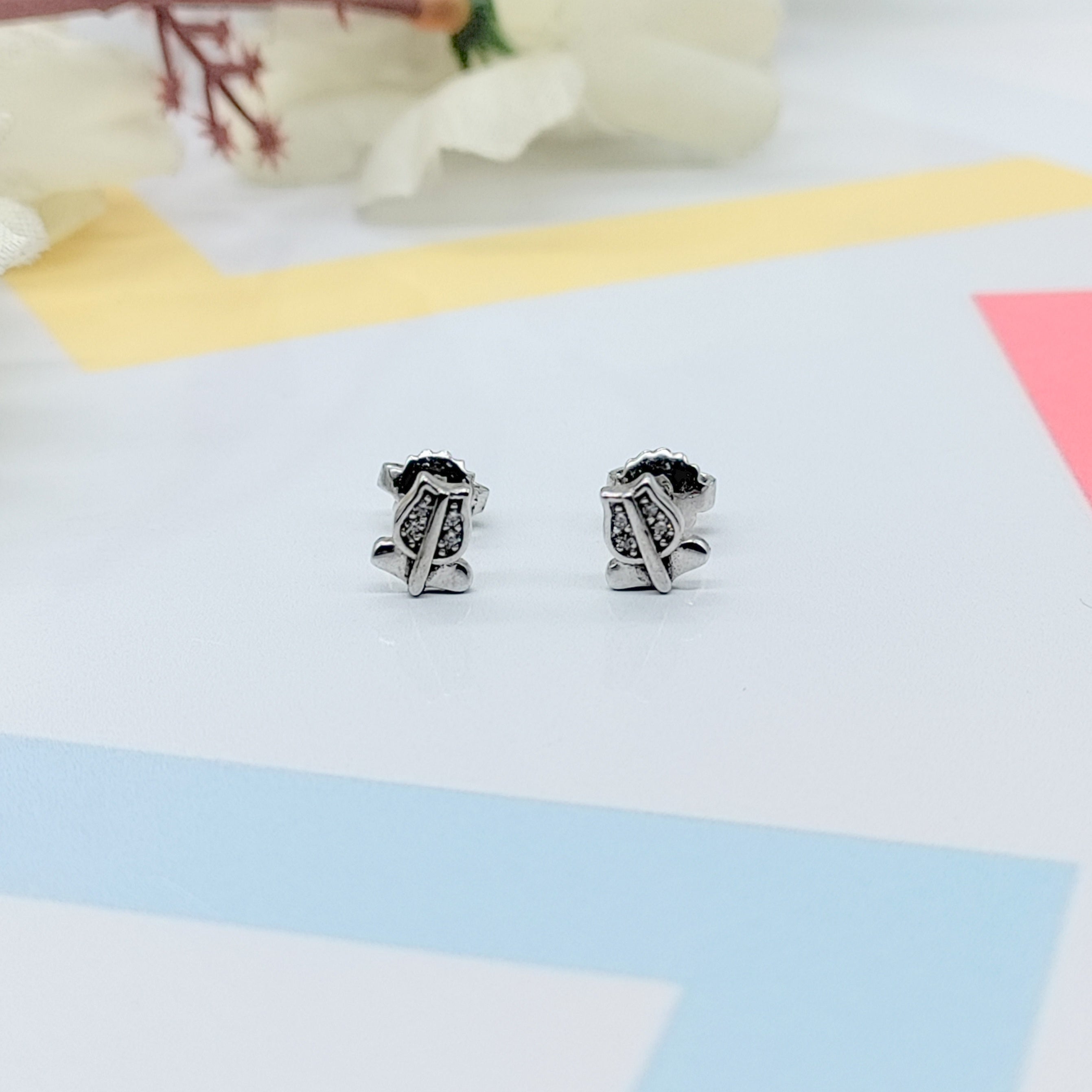 Sterling Silver 925 Pretty Lotus Flower Design Stud Earrings Every Day Wear CZ Diamonds Minimalist Handmade Gift Studs with Push back