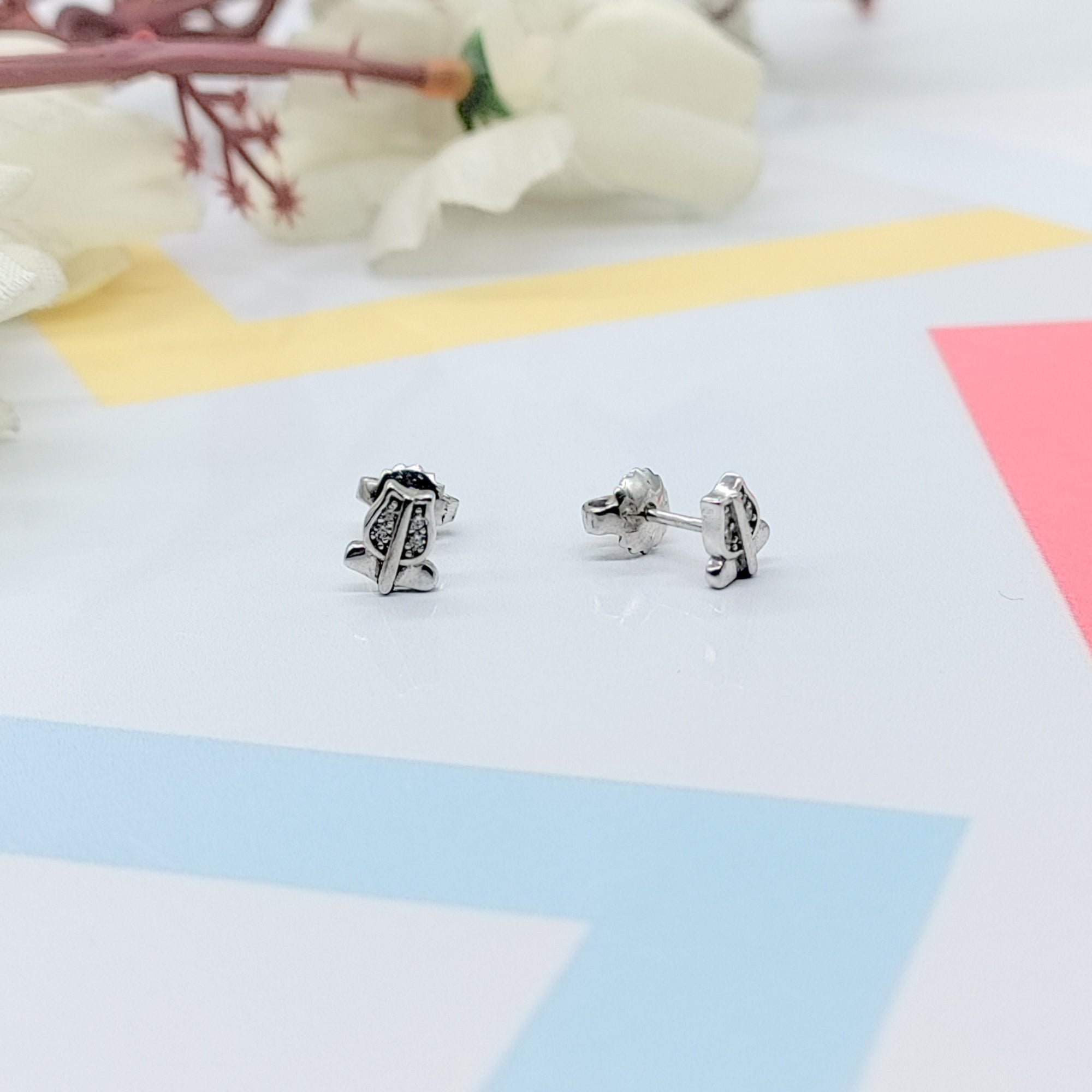 Sterling Silver 925 Pretty Lotus Flower Design Stud Earrings Every Day Wear CZ Diamonds Minimalist Handmade Gift Studs with Push back