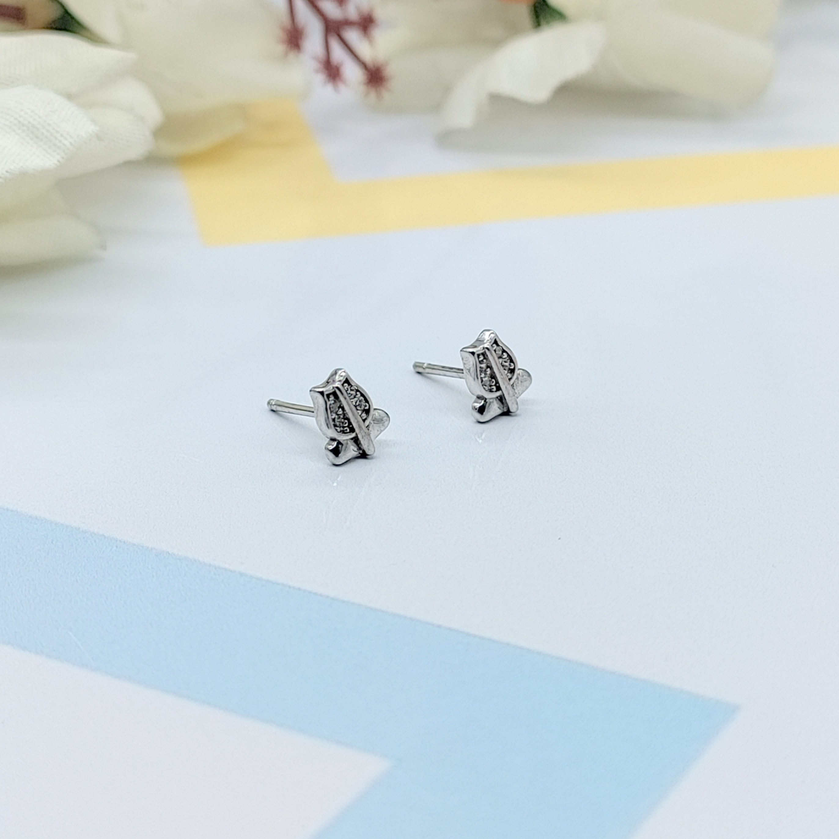 Sterling Silver 925 Pretty Lotus Flower Design Stud Earrings Every Day Wear CZ Diamonds Minimalist Handmade Gift Studs with Push back
