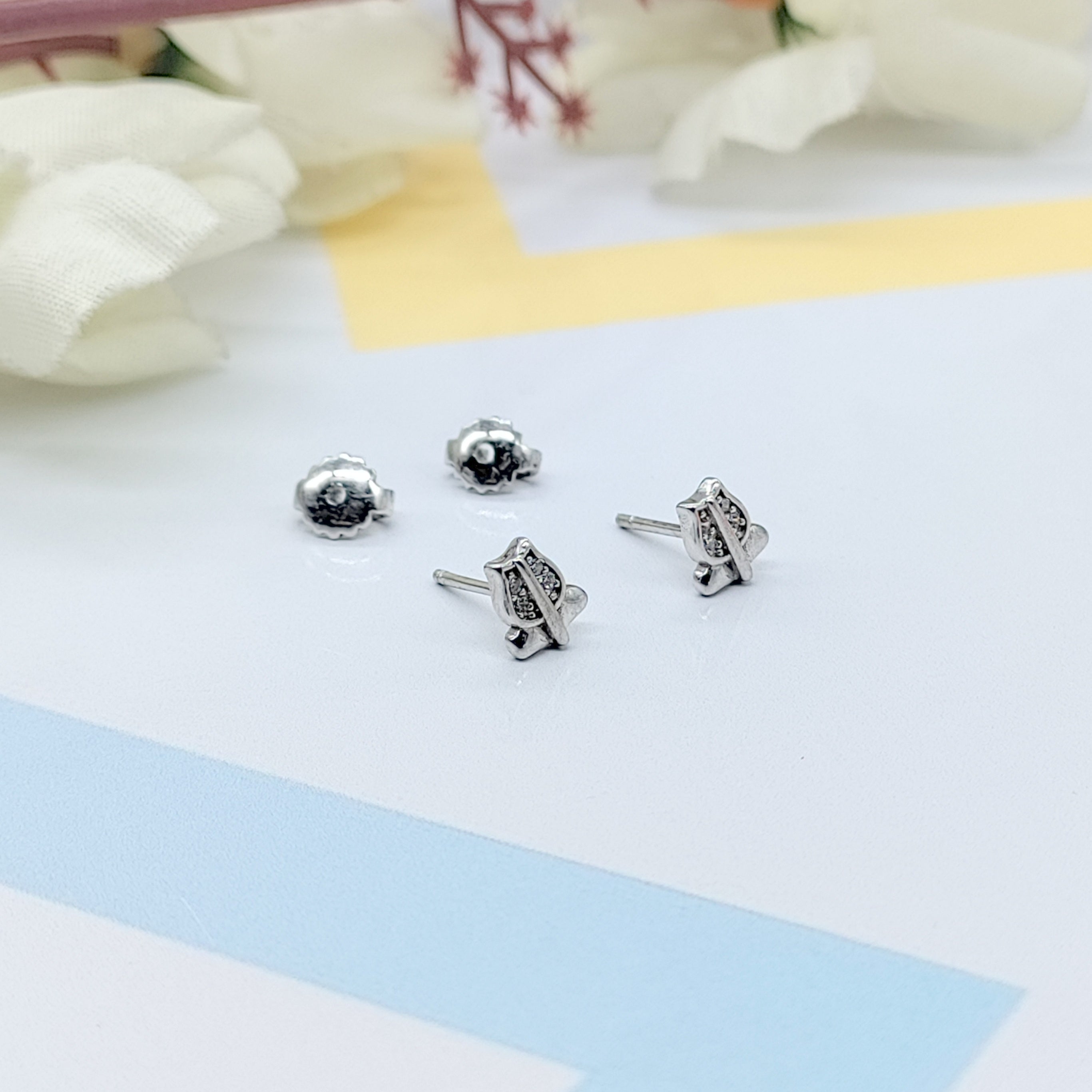 Sterling Silver 925 Pretty Lotus Flower Design Stud Earrings Every Day Wear CZ Diamonds Minimalist Handmade Gift Studs with Push back